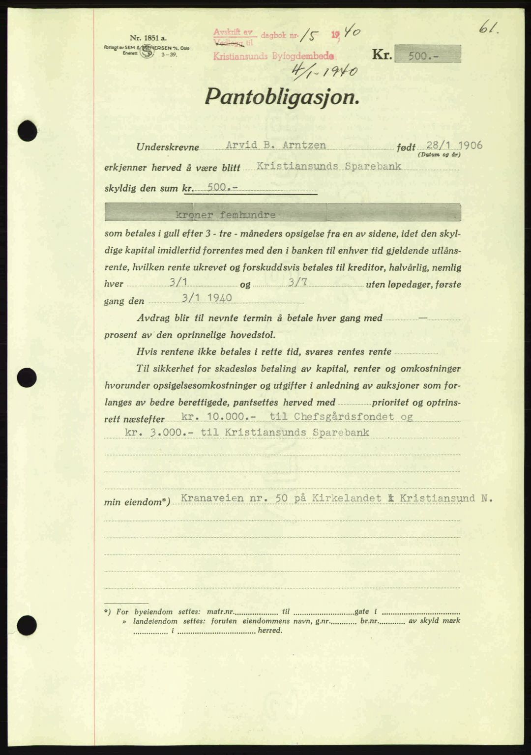 Kristiansund byfogd, AV/SAT-A-4587/A/27: Mortgage book no. 33, 1939-1941, Diary no: : 15/1940