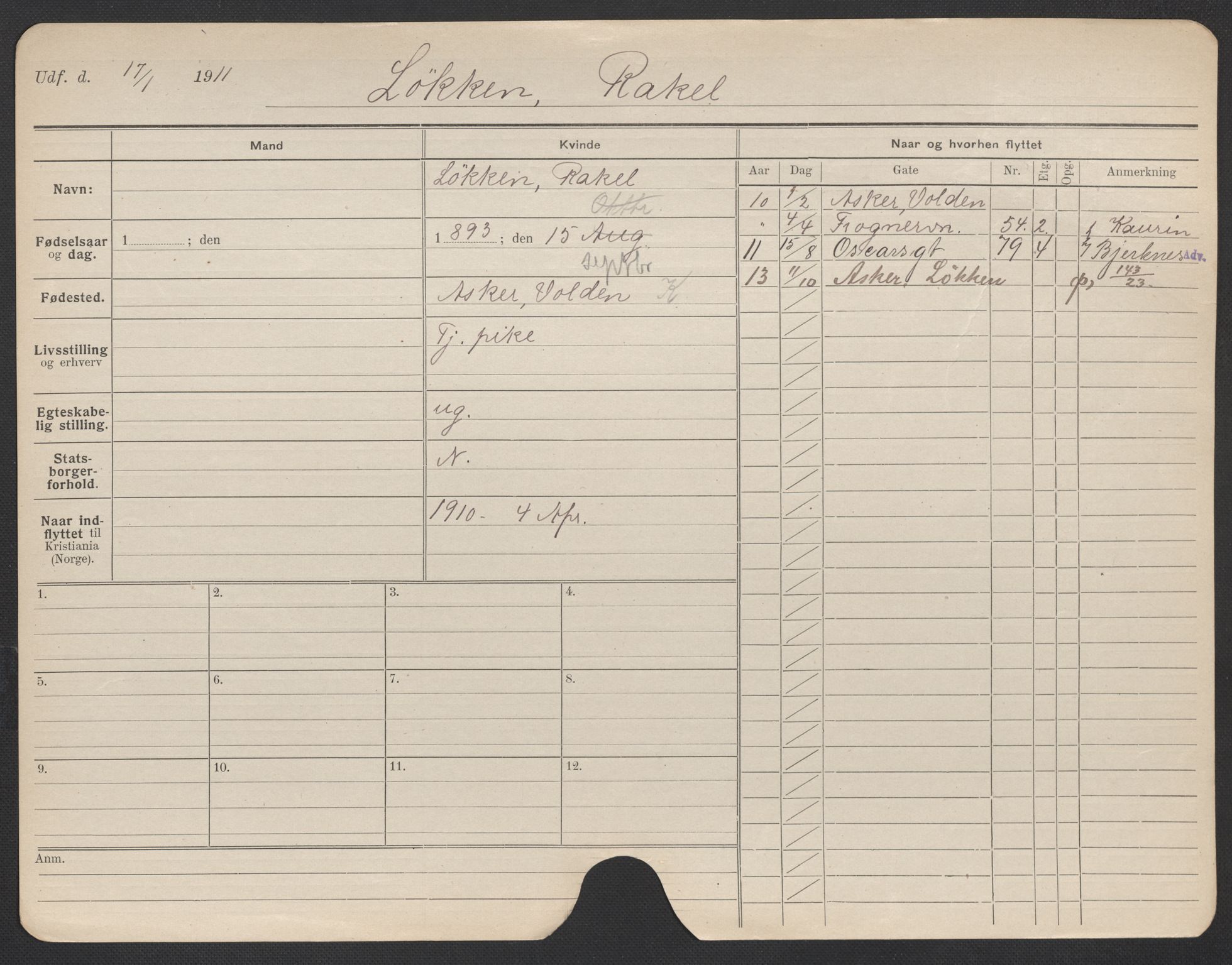 Oslo folkeregister, Registerkort, AV/SAO-A-11715/F/Fa/Fac/L0020: Kvinner, 1906-1914, p. 427a