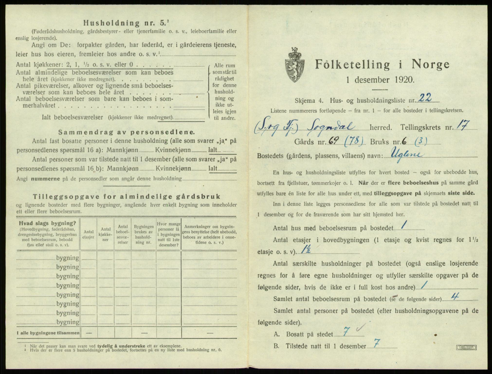 SAB, 1920 census for Sogndal, 1920, p. 931