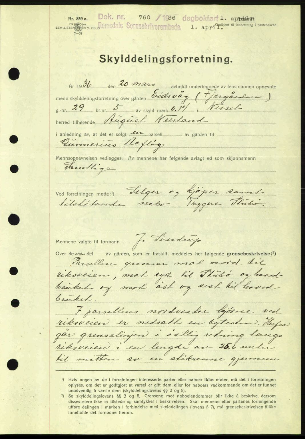 Romsdal sorenskriveri, AV/SAT-A-4149/1/2/2C: Mortgage book no. A1, 1936-1936, Diary no: : 760/1936