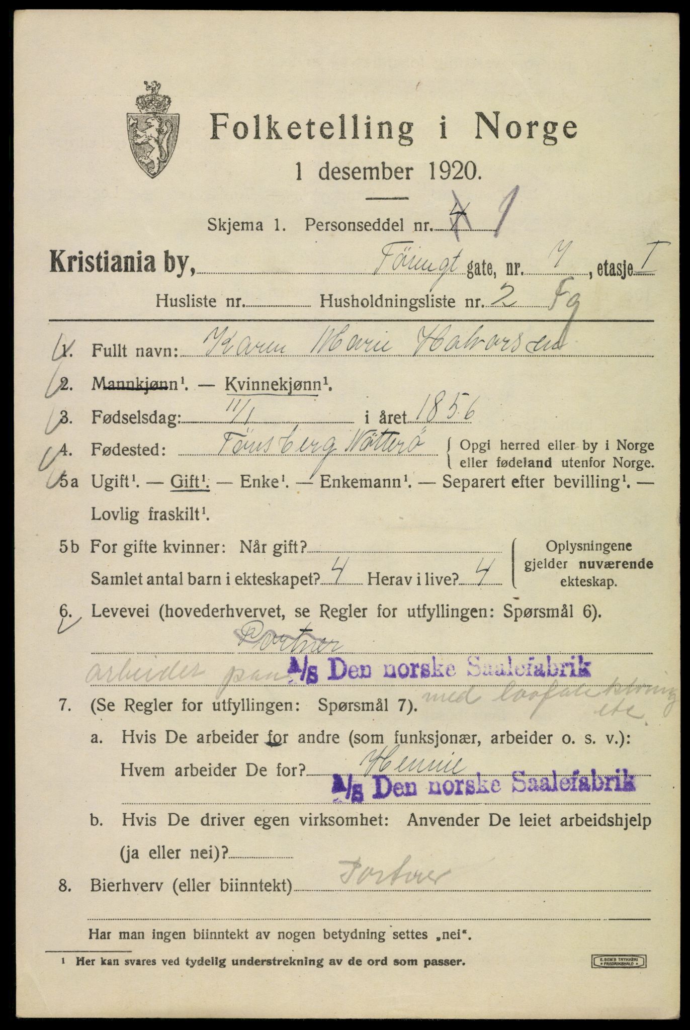 SAO, 1920 census for Kristiania, 1920, p. 604861