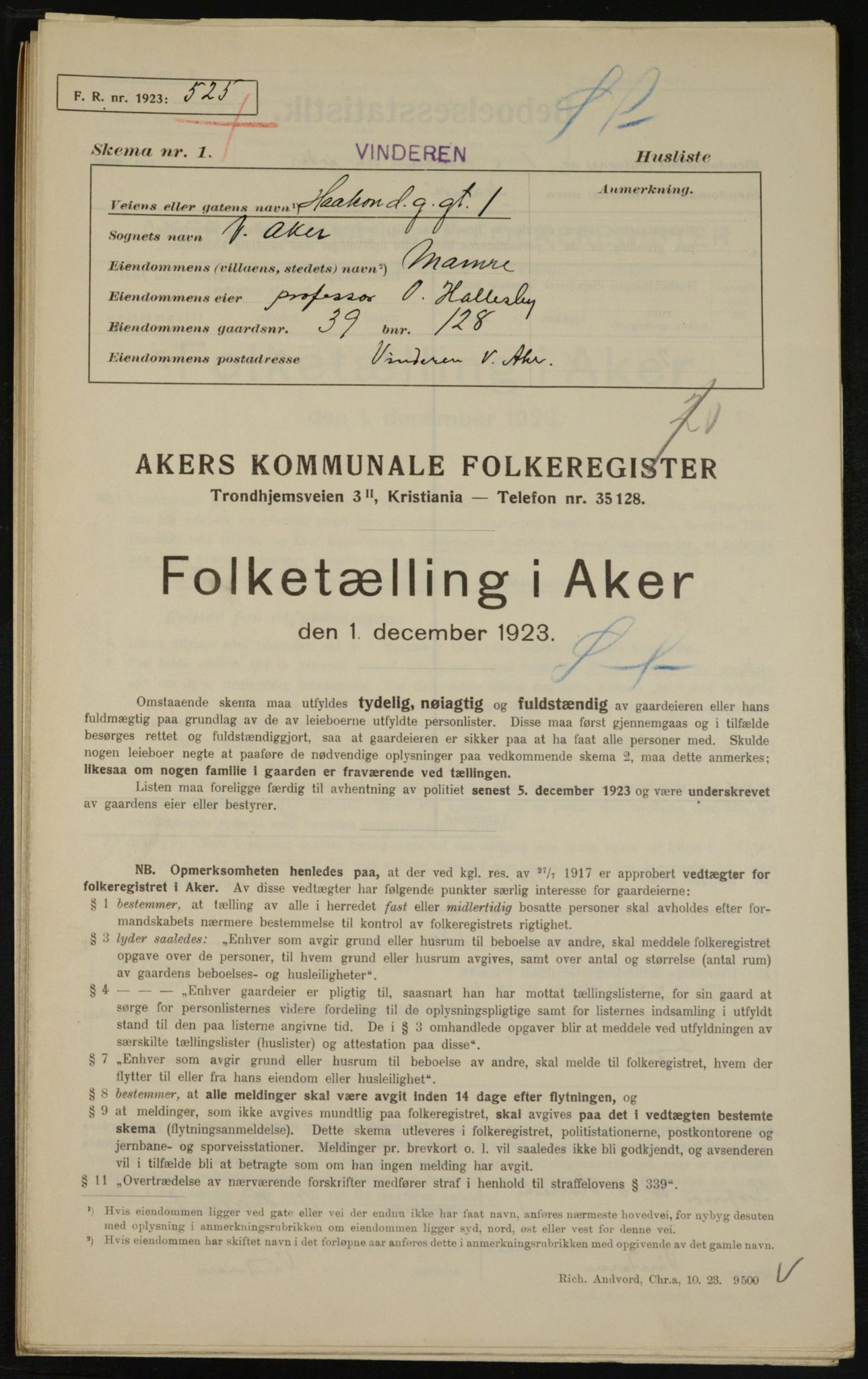 , Municipal Census 1923 for Aker, 1923, p. 10658