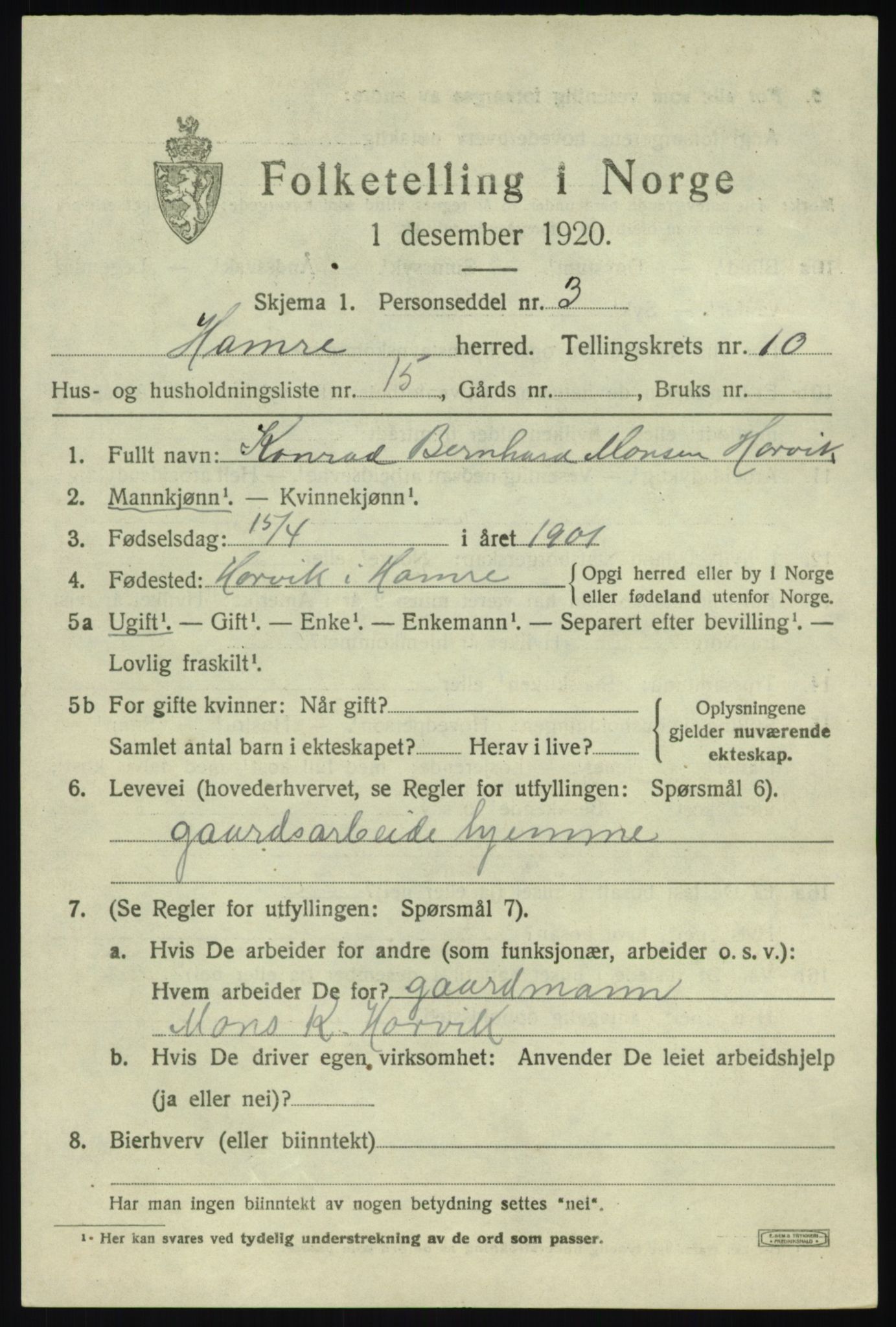 SAB, 1920 census for Hamre, 1920, p. 6073