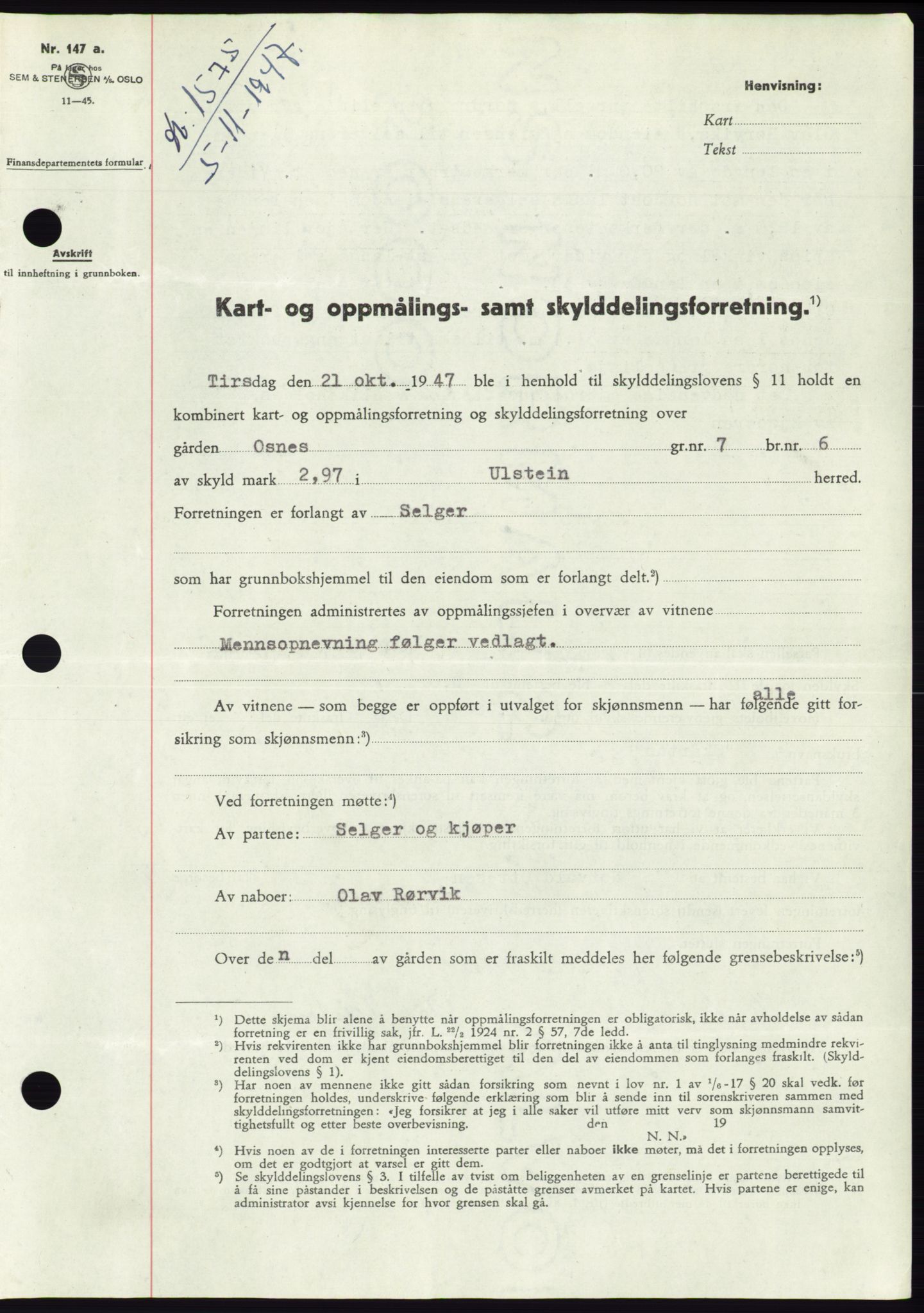 Søre Sunnmøre sorenskriveri, AV/SAT-A-4122/1/2/2C/L0081: Mortgage book no. 7A, 1947-1948, Diary no: : 1575/1947