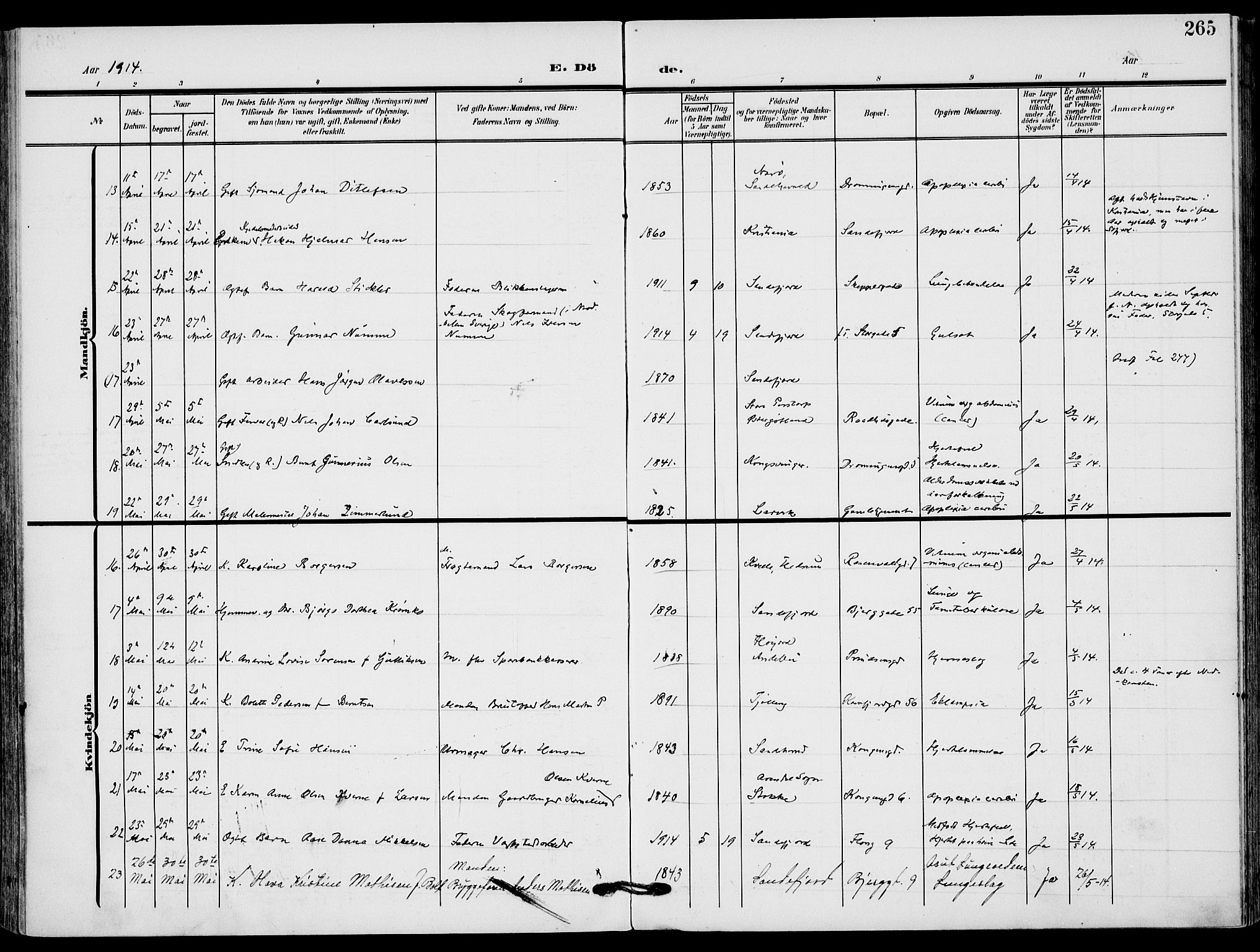 Sandefjord kirkebøker, AV/SAKO-A-315/F/Fa/L0005: Parish register (official) no. 5, 1906-1915, p. 265