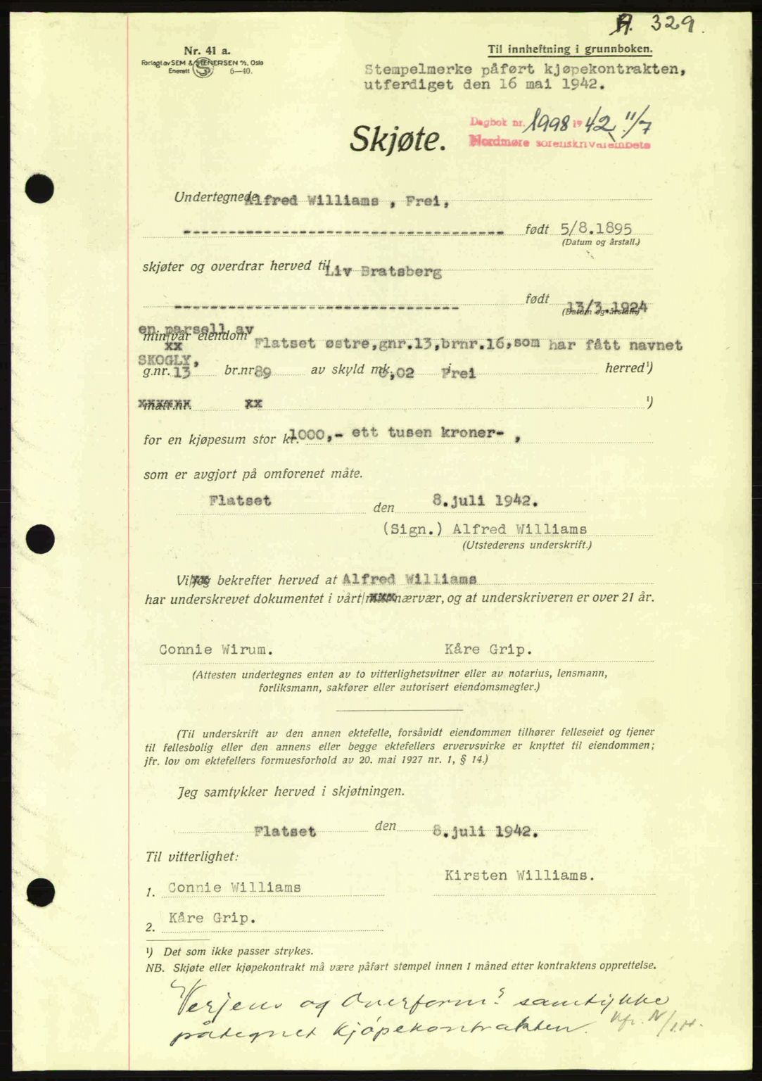 Nordmøre sorenskriveri, AV/SAT-A-4132/1/2/2Ca: Mortgage book no. A93, 1942-1942, Diary no: : 1898/1942