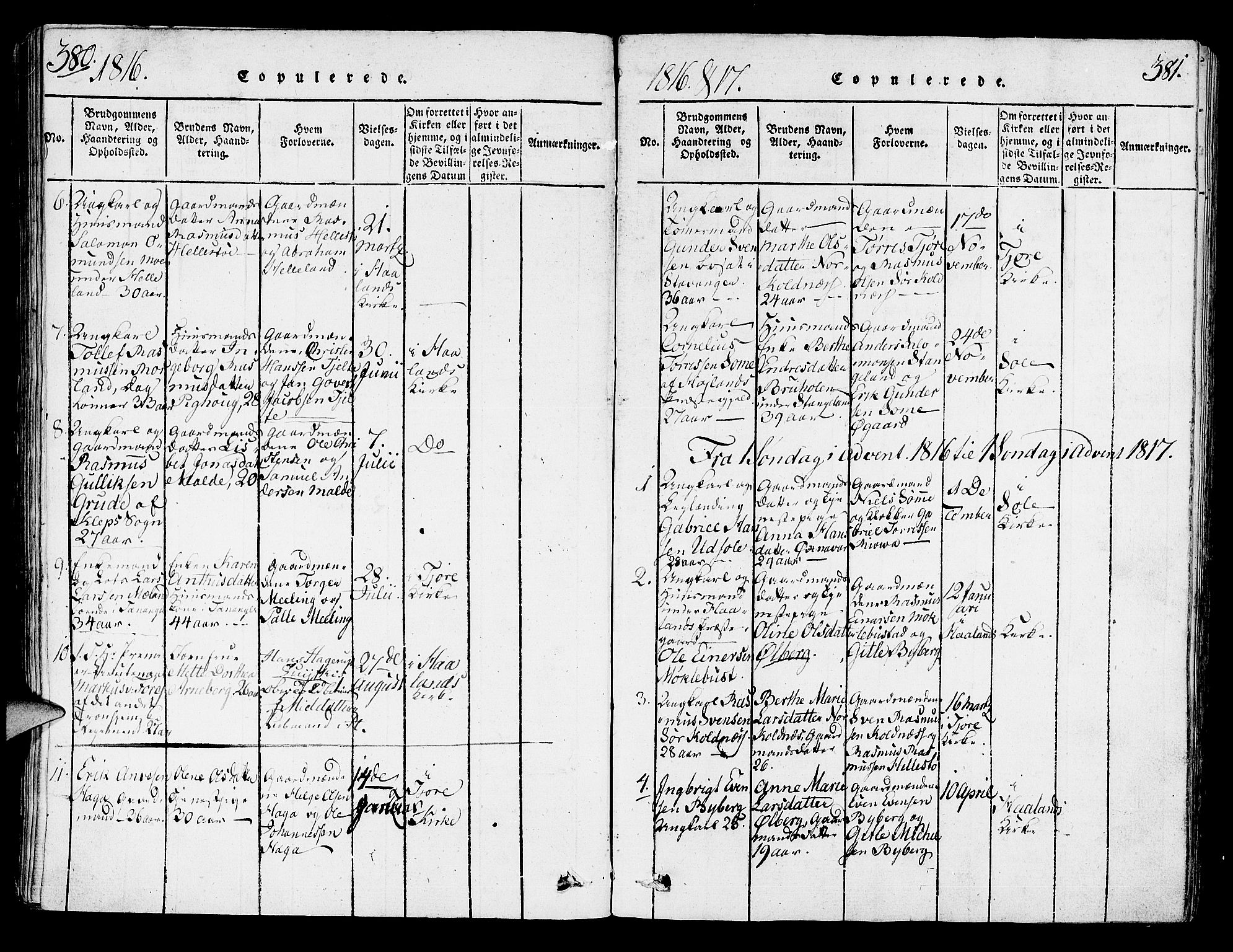 Håland sokneprestkontor, AV/SAST-A-101802/001/30BA/L0004: Parish register (official) no. A 4, 1815-1829, p. 380-381