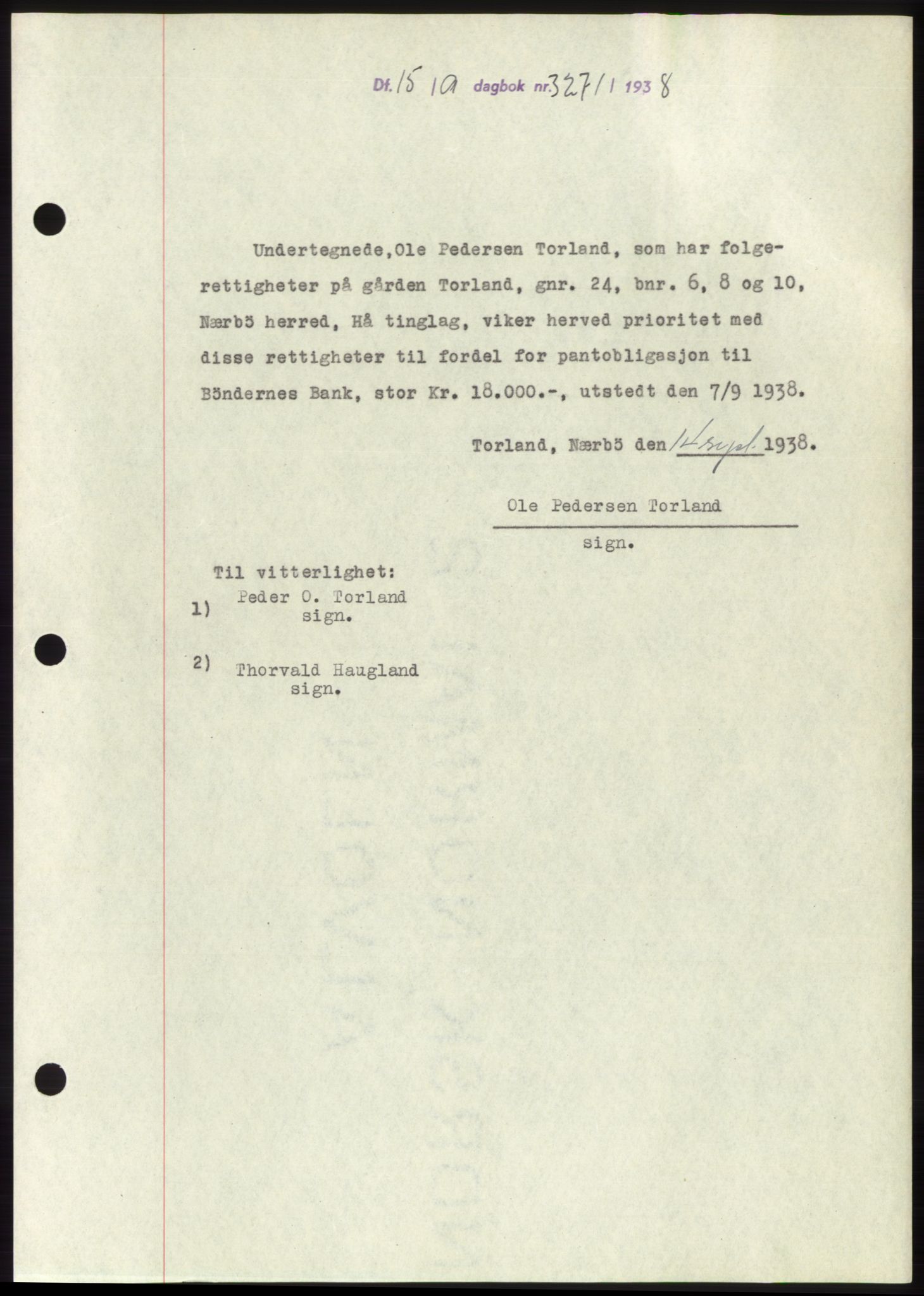 Jæren sorenskriveri, SAST/A-100310/03/G/Gba/L0072: Mortgage book, 1938-1938, Diary no: : 3271/1938
