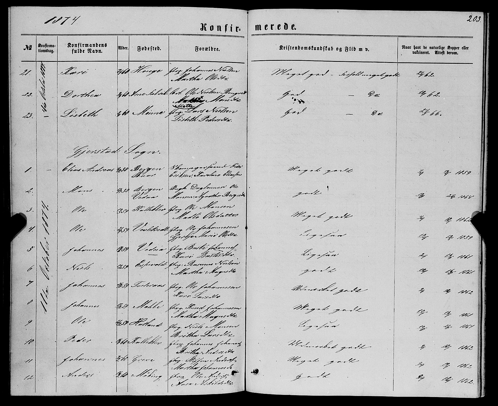 Haus sokneprestembete, AV/SAB-A-75601/H/Haa: Parish register (official) no. A 18, 1871-1877, p. 203