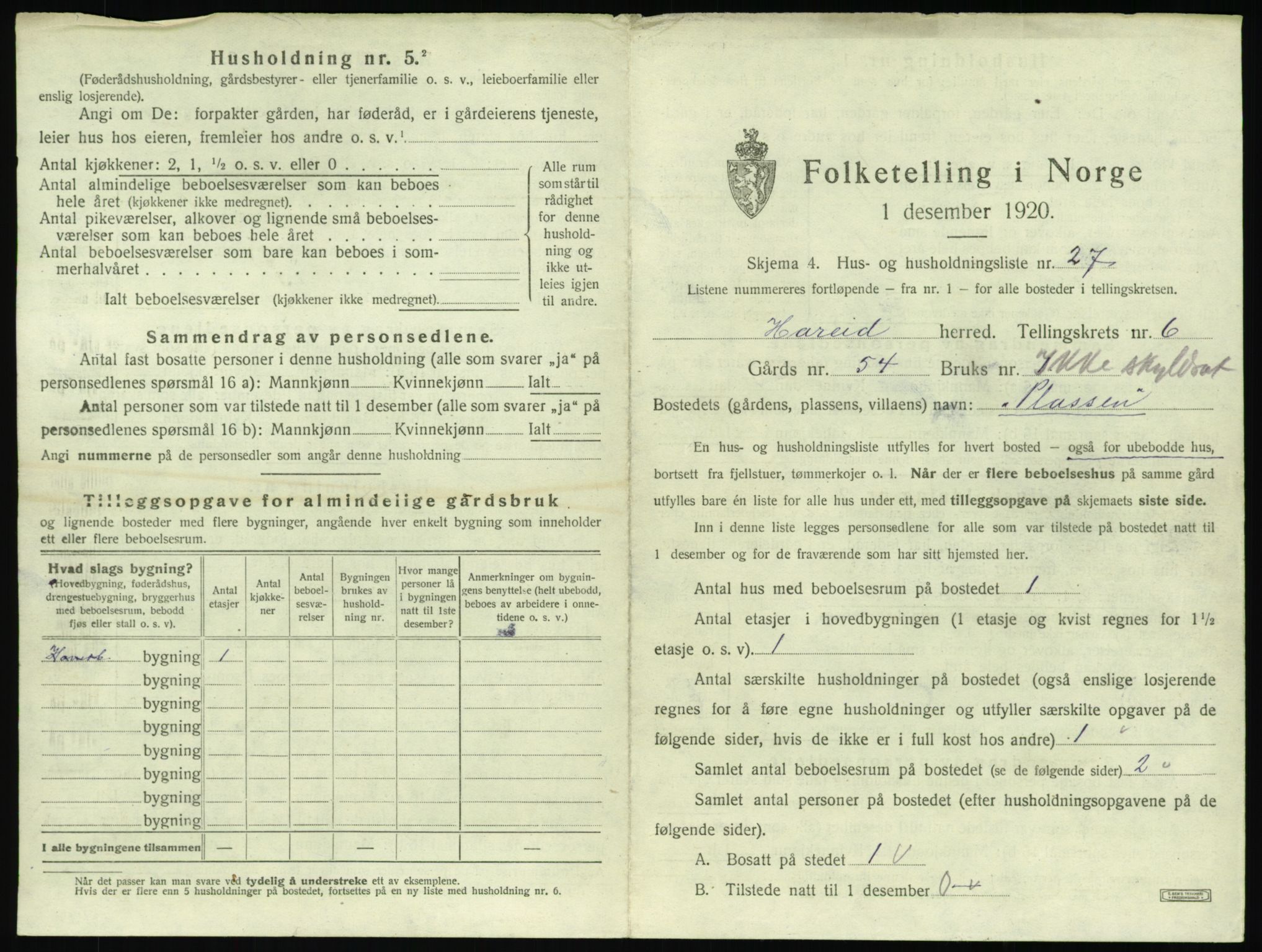 SAT, 1920 census for Hareid, 1920, p. 337