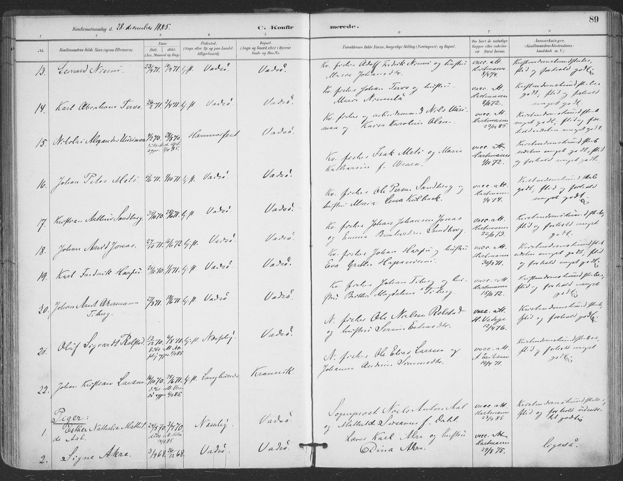 Vadsø sokneprestkontor, SATØ/S-1325/H/Ha/L0006kirke: Parish register (official) no. 6, 1885-1895, p. 89