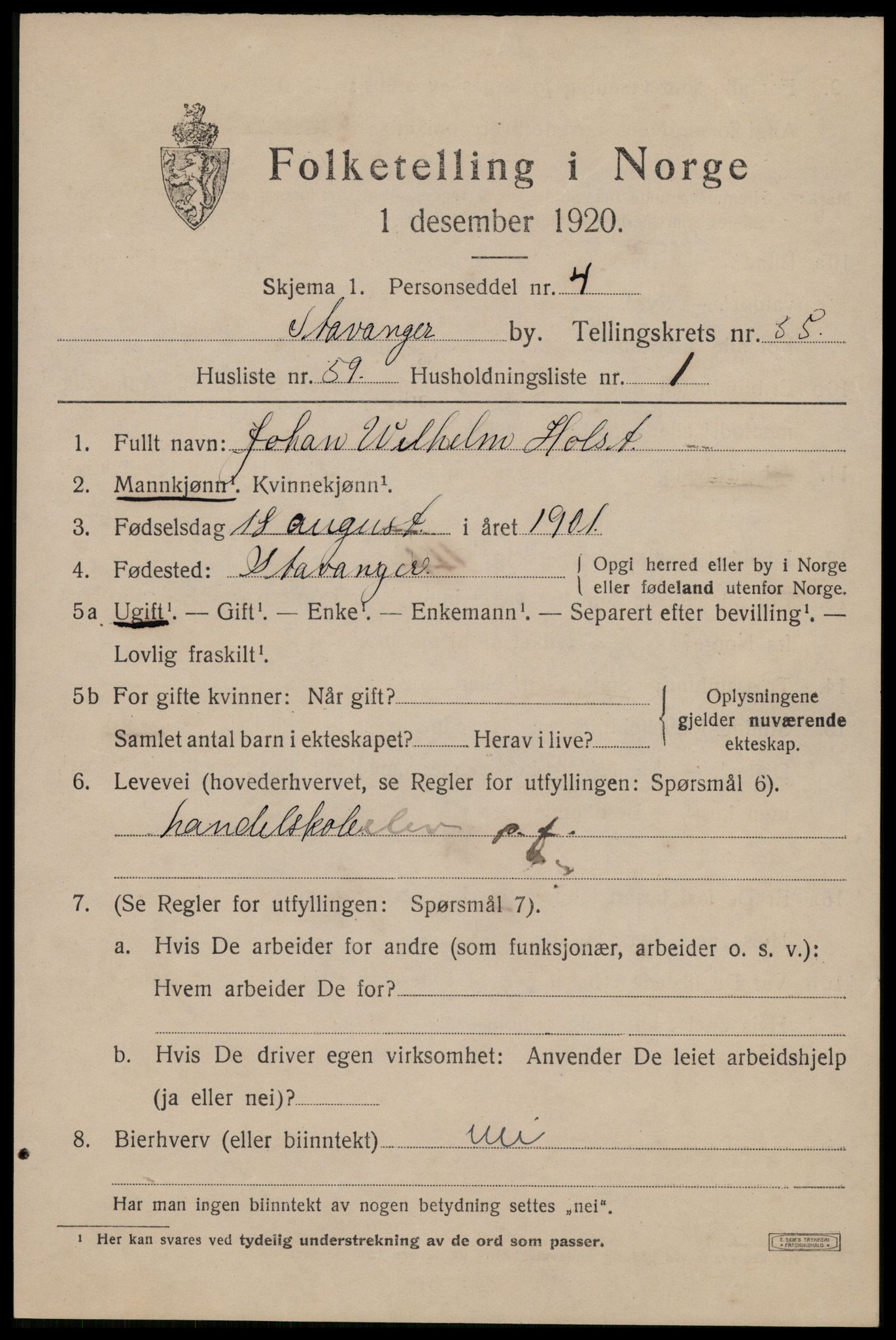 SAST, 1920 census for Stavanger, 1920, p. 94720