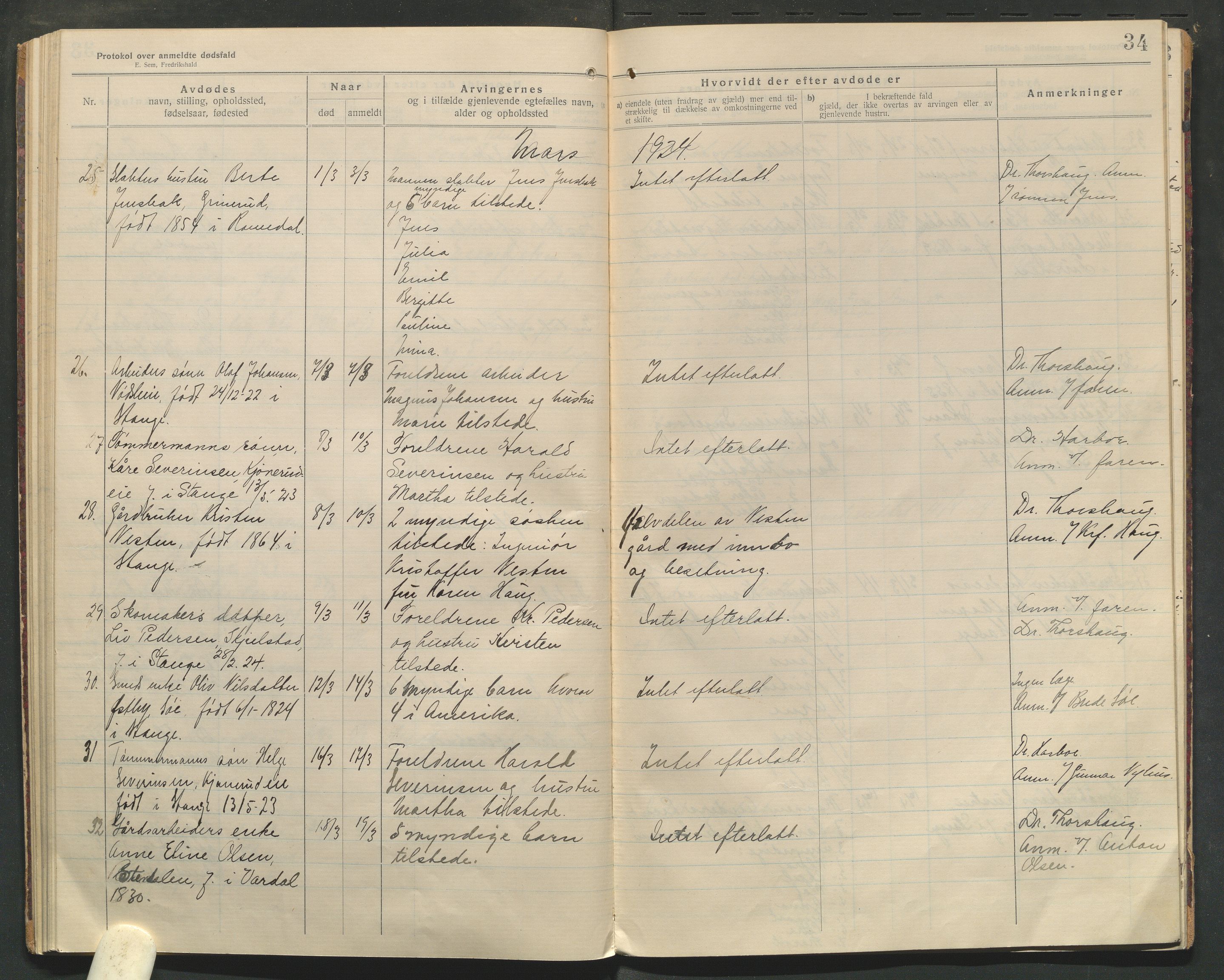 Stange lensmannskontor, SAH/LHS-020/H/Ha/Haa/L0001/0004: Dødsfallsprotokoller / Dødsfallsprotokoll, 1921-1925, p. 34