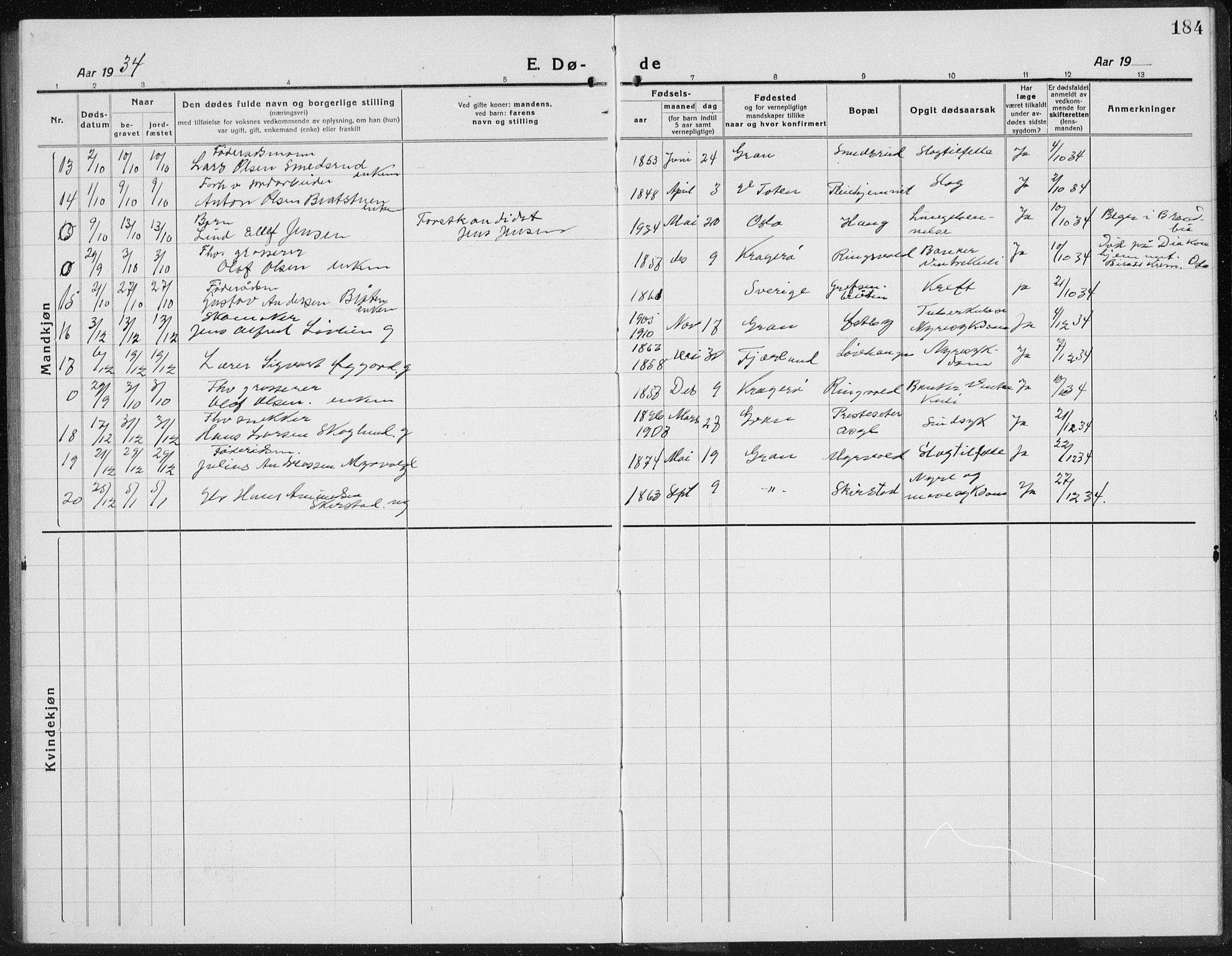 Gran prestekontor, AV/SAH-PREST-112/H/Ha/Hab/L0008: Parish register (copy) no. 8, 1917-1935, p. 184