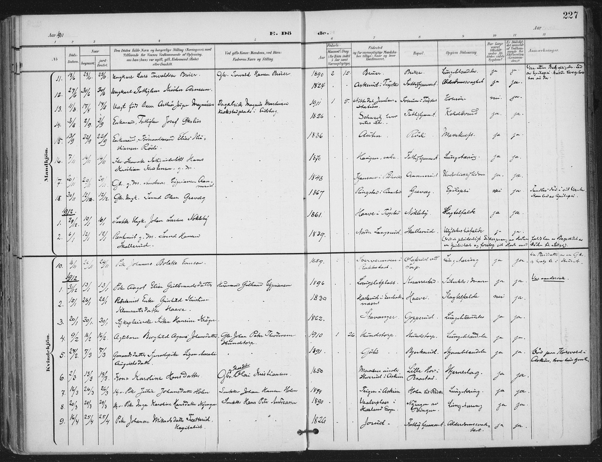 Trøgstad prestekontor Kirkebøker, AV/SAO-A-10925/F/Fa/L0011: Parish register (official) no. I 11, 1899-1919, p. 227