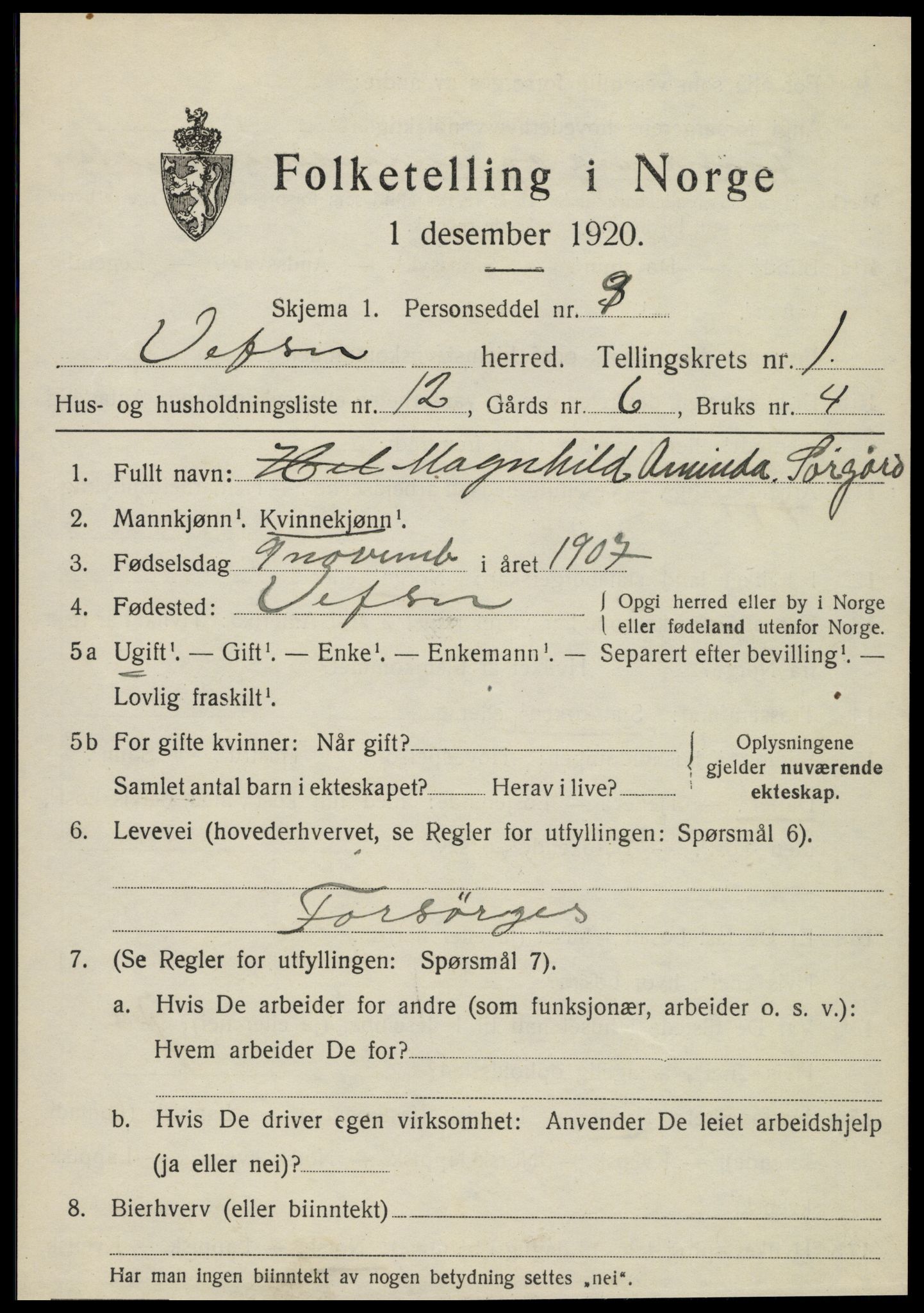 SAT, 1920 census for Vefsn, 1920, p. 1825