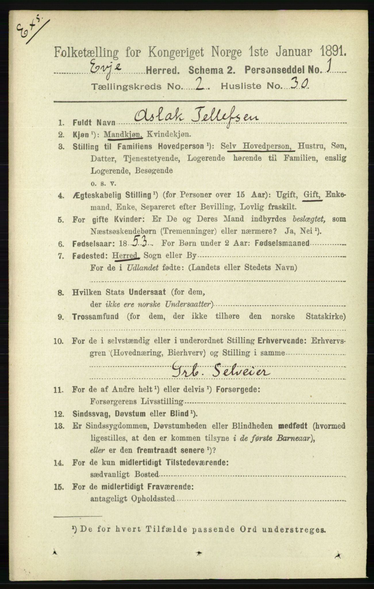 RA, Census 1891 for Nedenes amt: Gjenparter av personsedler for beslektede ektefeller, menn, 1891, p. 1001