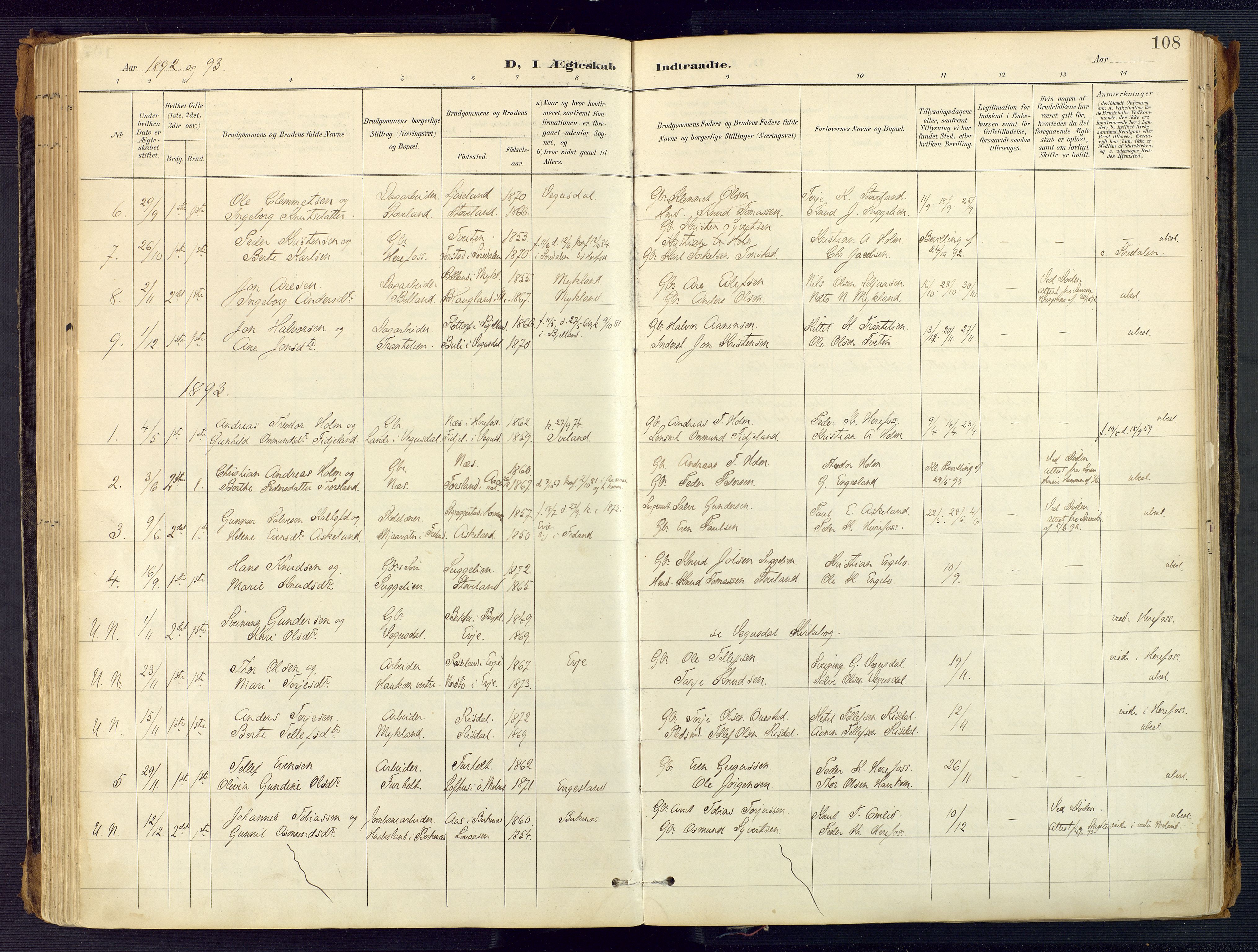 Herefoss sokneprestkontor, AV/SAK-1111-0019/F/Fa/Faa/L0003: Parish register (official) no. A 3, 1887-1930, p. 108