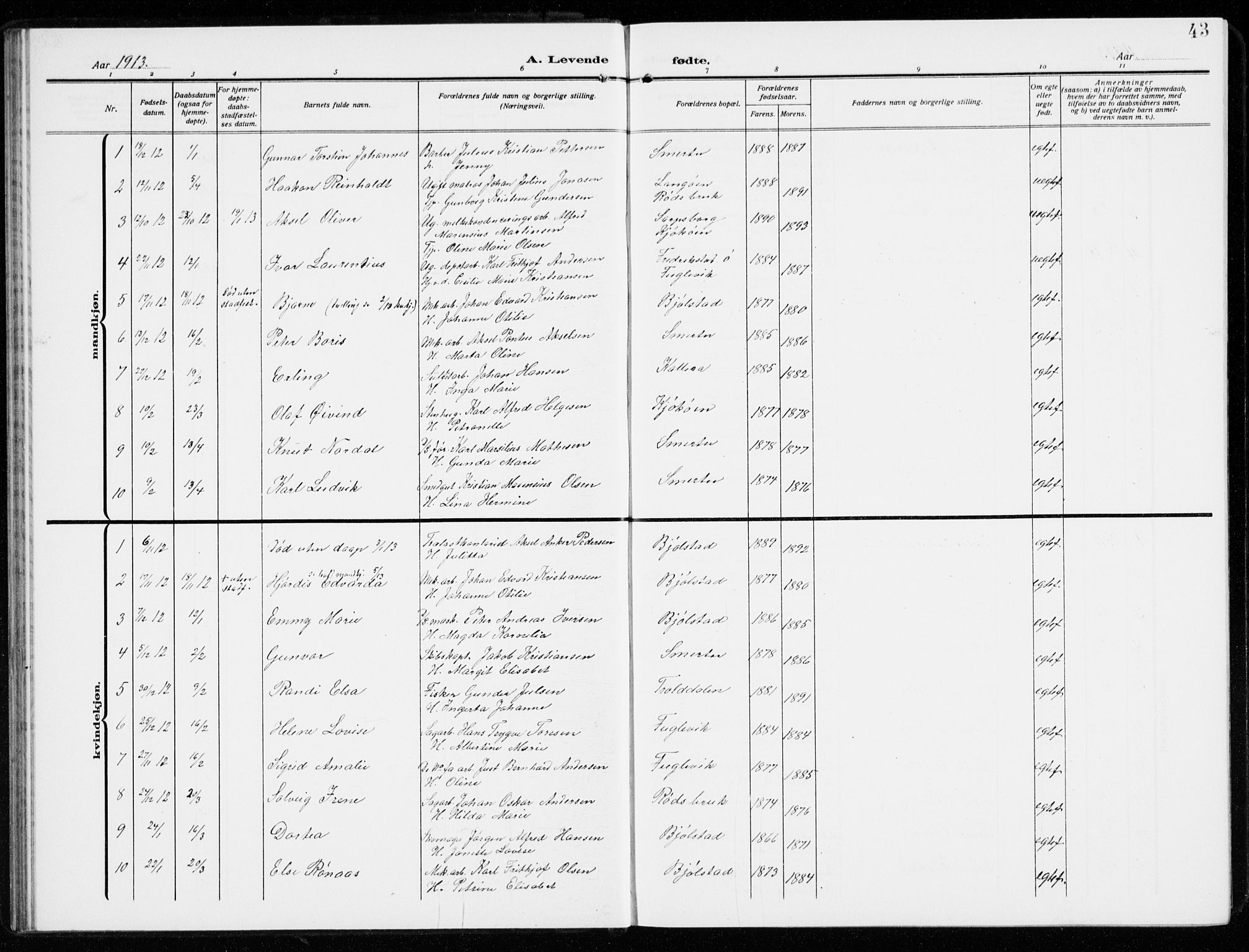 Kråkerøy prestekontor Kirkebøker, AV/SAO-A-10912/G/Ga/L0001: Parish register (copy) no. 1, 1908-1944, p. 43