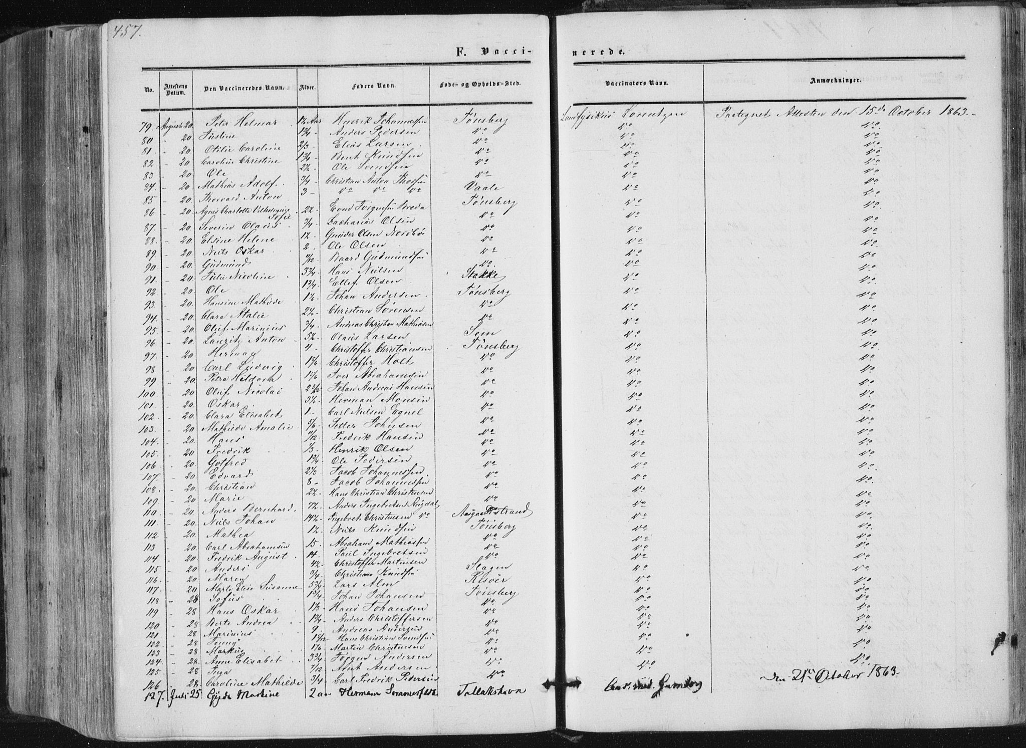 Tønsberg kirkebøker, AV/SAKO-A-330/F/Fa/L0008: Parish register (official) no. I 8, 1855-1864, p. 457