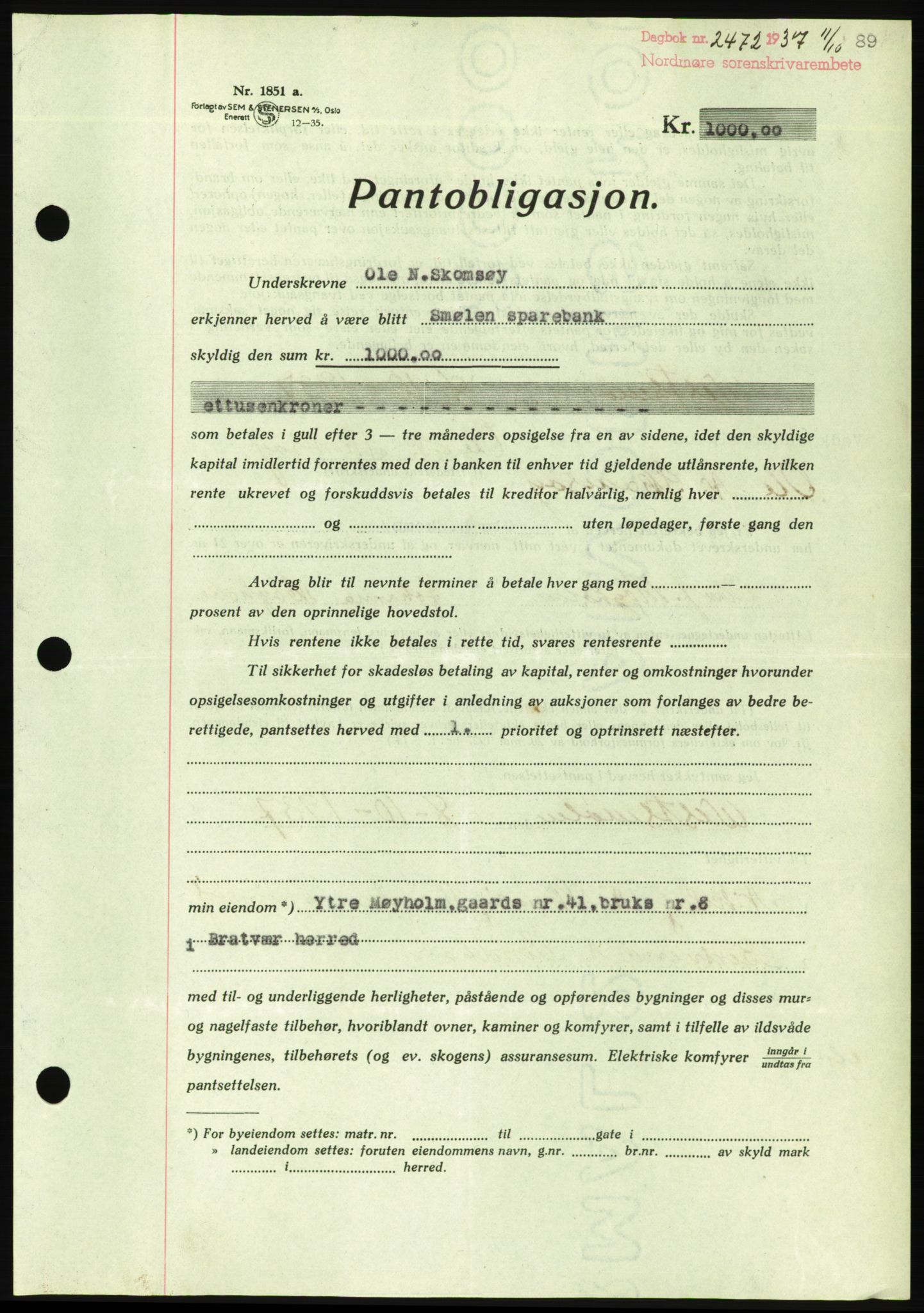 Nordmøre sorenskriveri, AV/SAT-A-4132/1/2/2Ca/L0092: Mortgage book no. B82, 1937-1938, Diary no: : 2472/1937