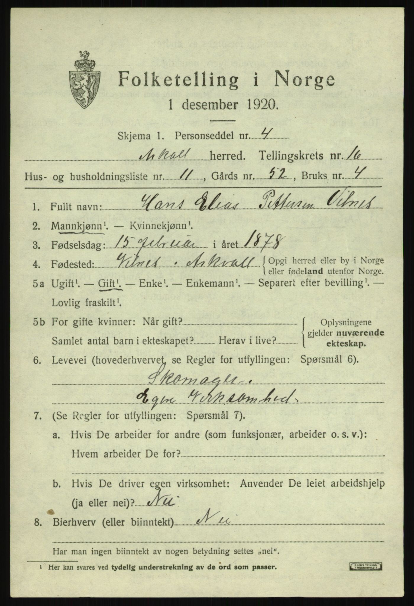 SAB, 1920 census for Askvoll, 1920, p. 6092