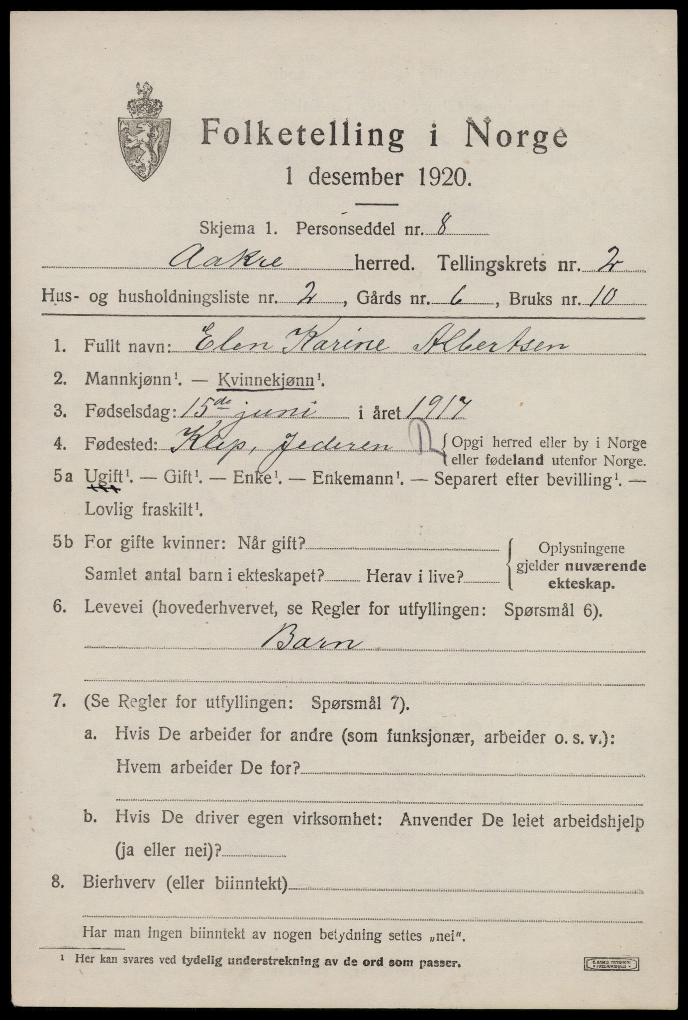 SAST, 1920 census for Åkra, 1920, p. 2974