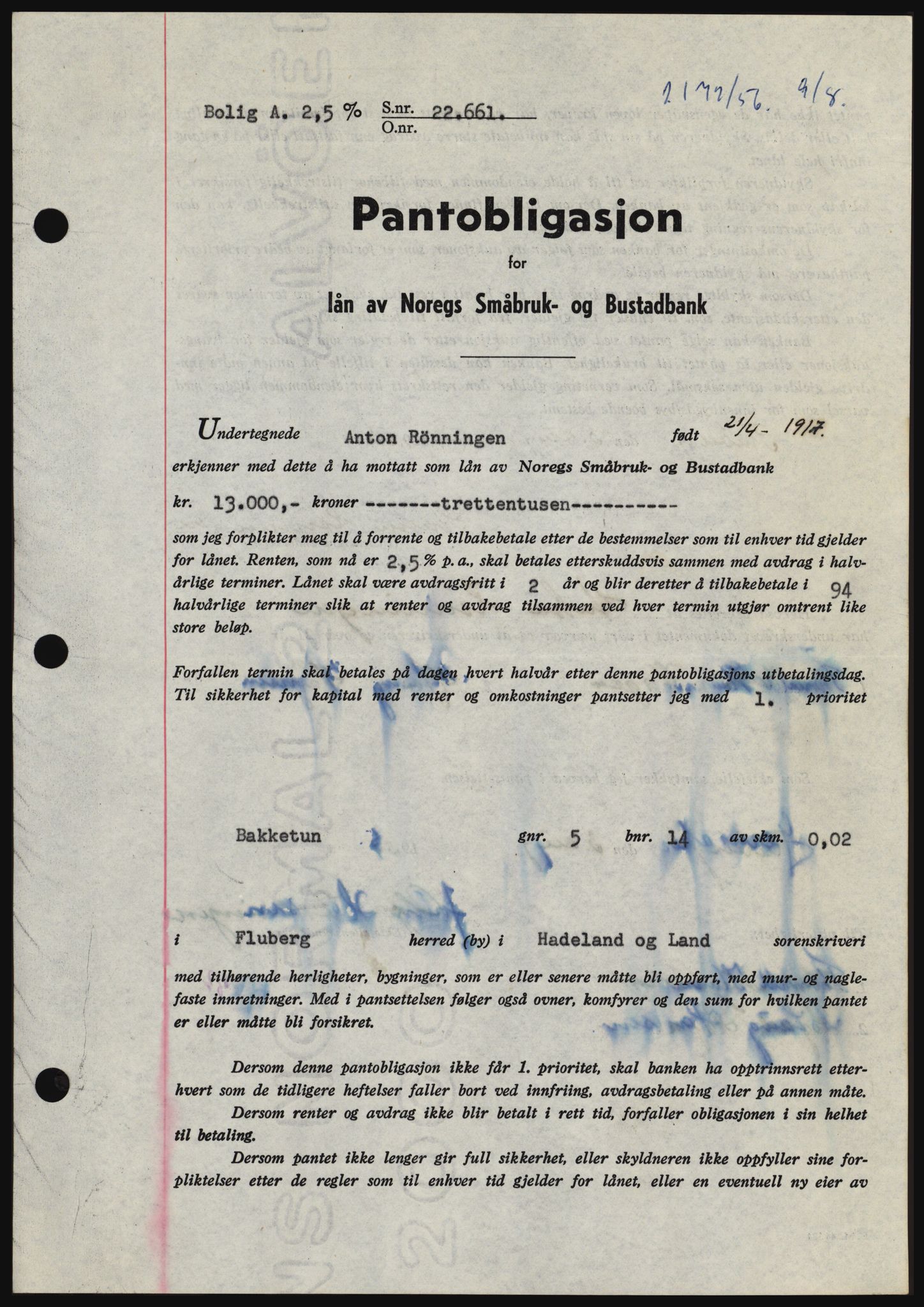 Hadeland og Land tingrett, SAH/TING-010/H/Hb/Hbc/L0034: Mortgage book no. B34, 1956-1956, Diary no: : 2172/1956