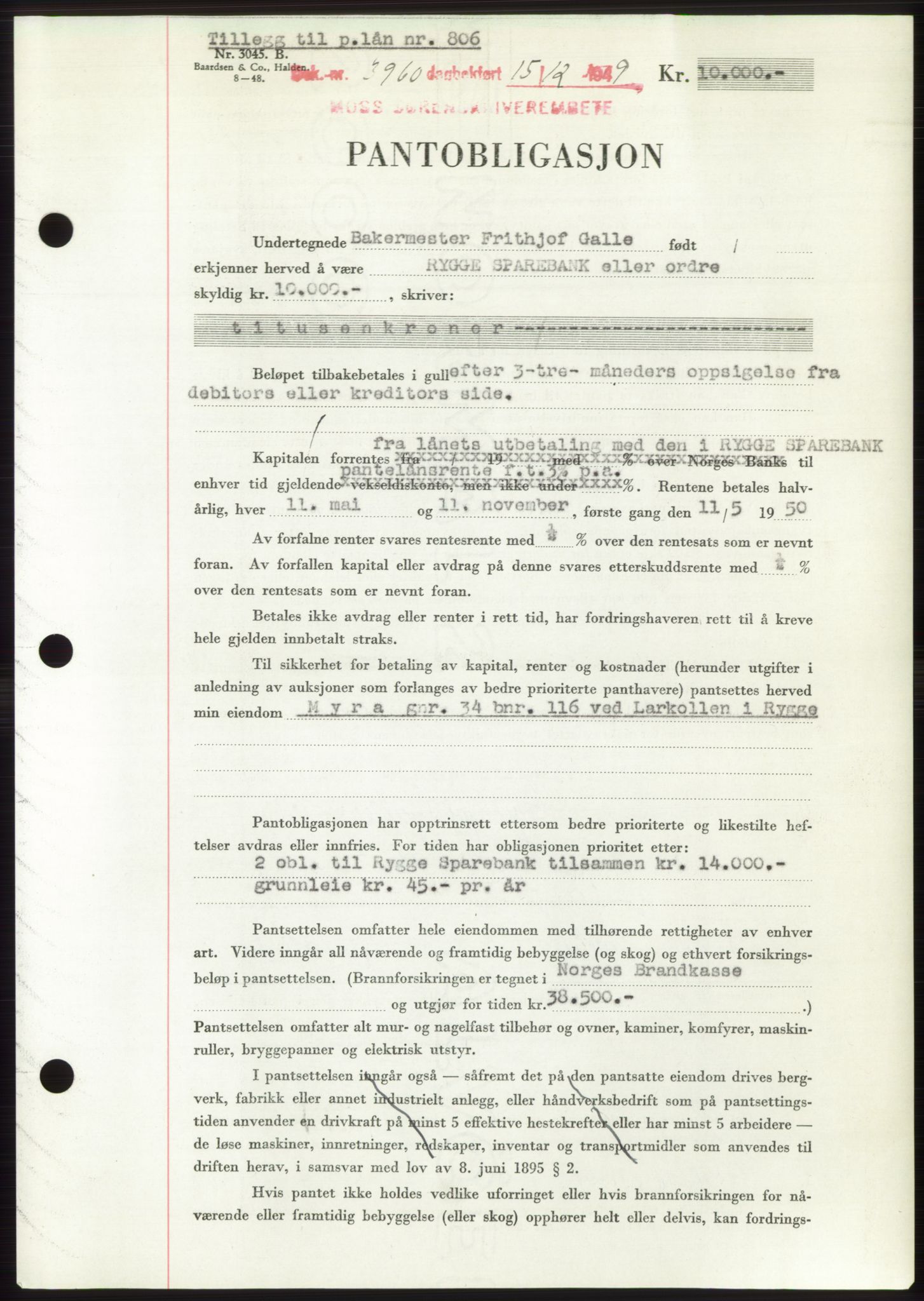 Moss sorenskriveri, SAO/A-10168: Mortgage book no. B23, 1949-1950, Diary no: : 3960/1949