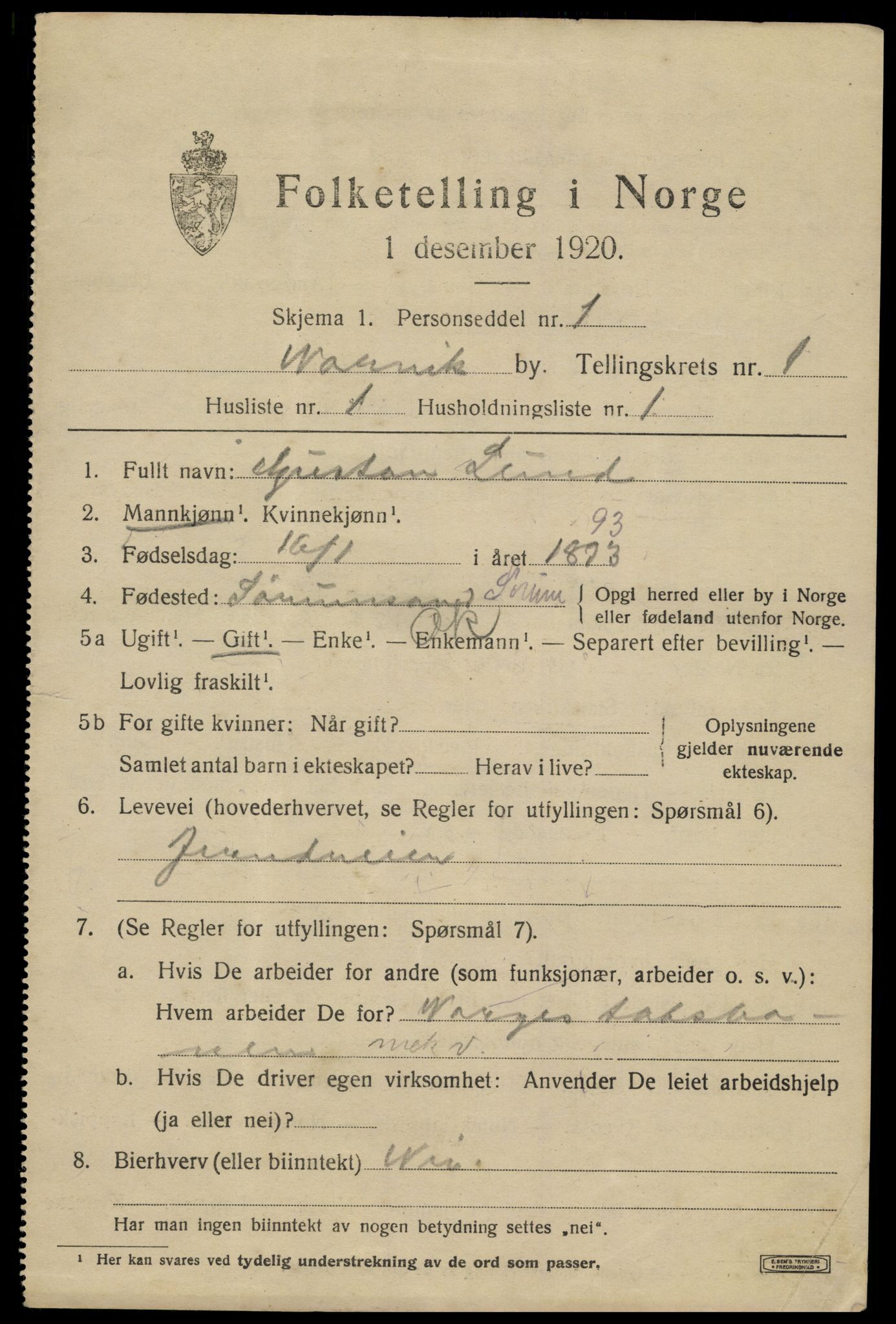 SAT, 1920 census for Narvik, 1920, p. 3986