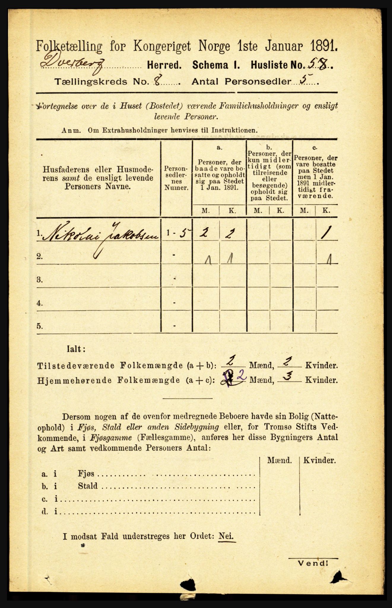 RA, 1891 census for 1872 Dverberg, 1891, p. 3106