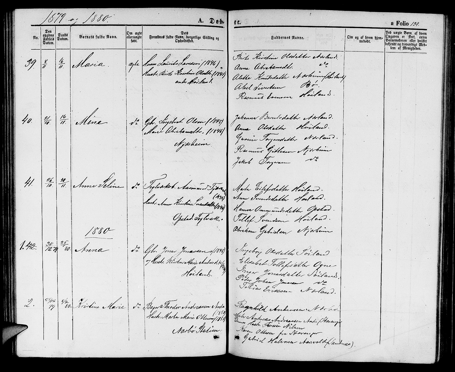 Hå sokneprestkontor, AV/SAST-A-101801/001/30BB/L0001: Parish register (copy) no. B 1, 1854-1883, p. 134