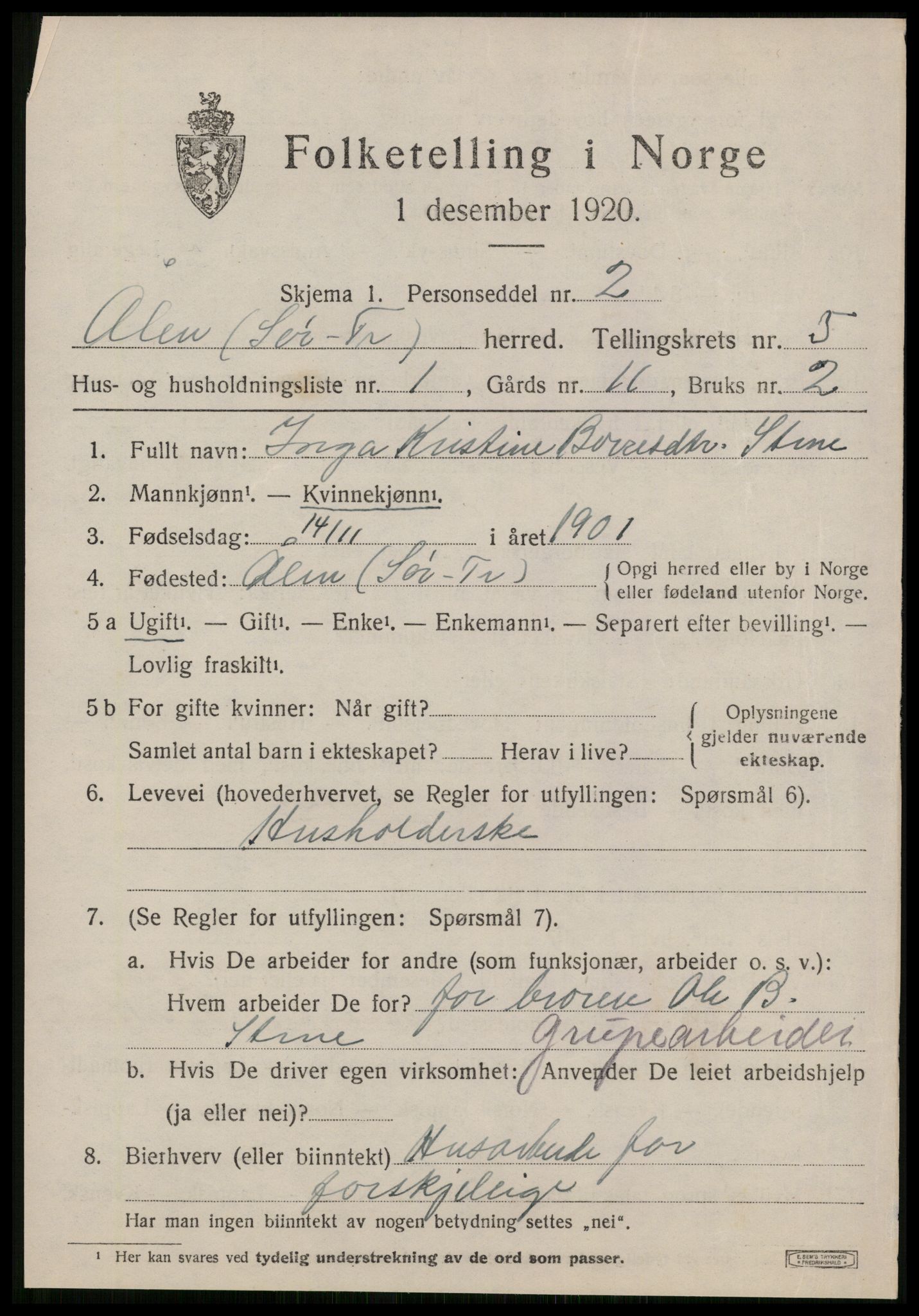 SAT, 1920 census for Ålen, 1920, p. 2352