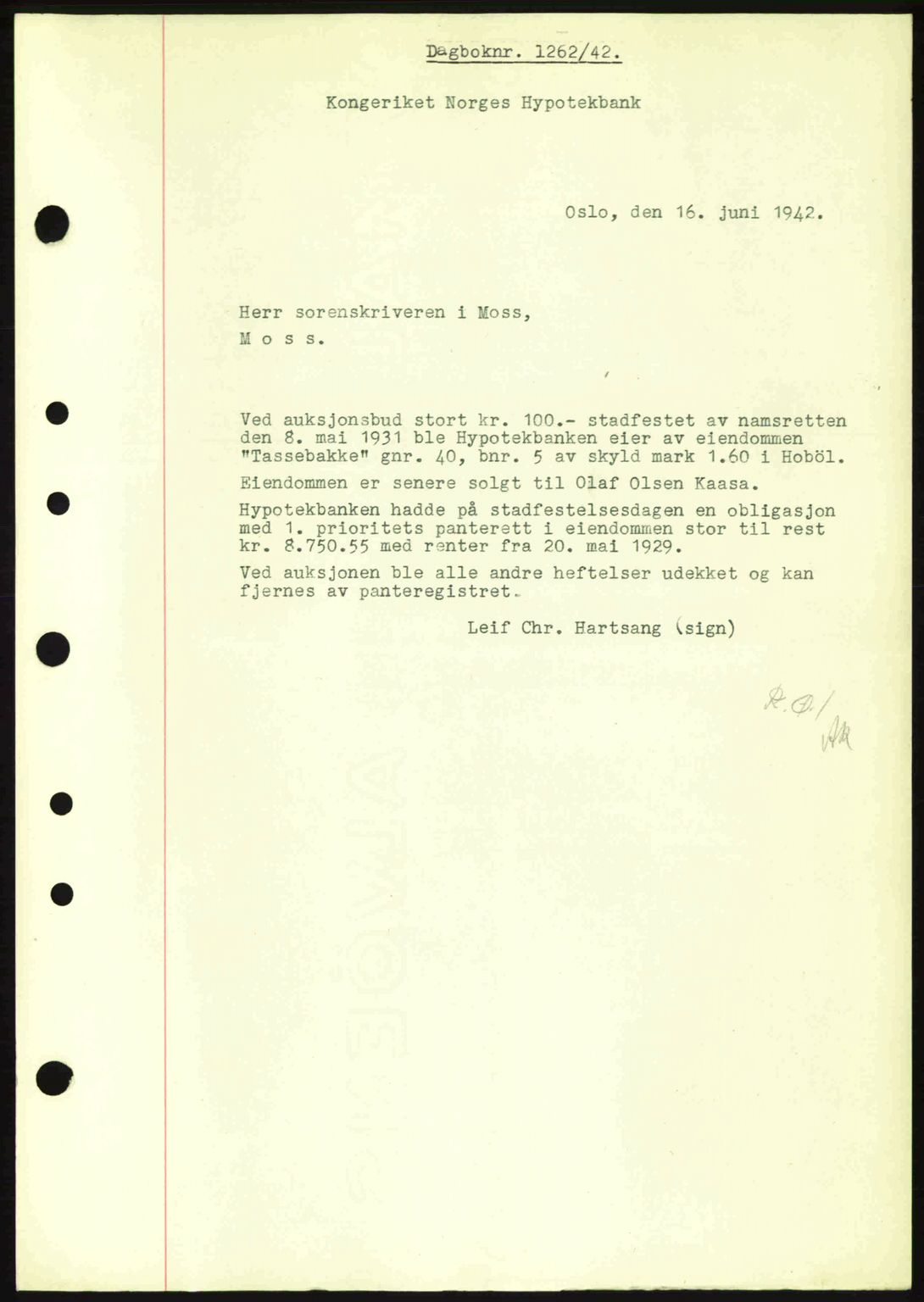 Moss sorenskriveri, SAO/A-10168: Mortgage book no. A9, 1941-1942, Diary no: : 1262/1942