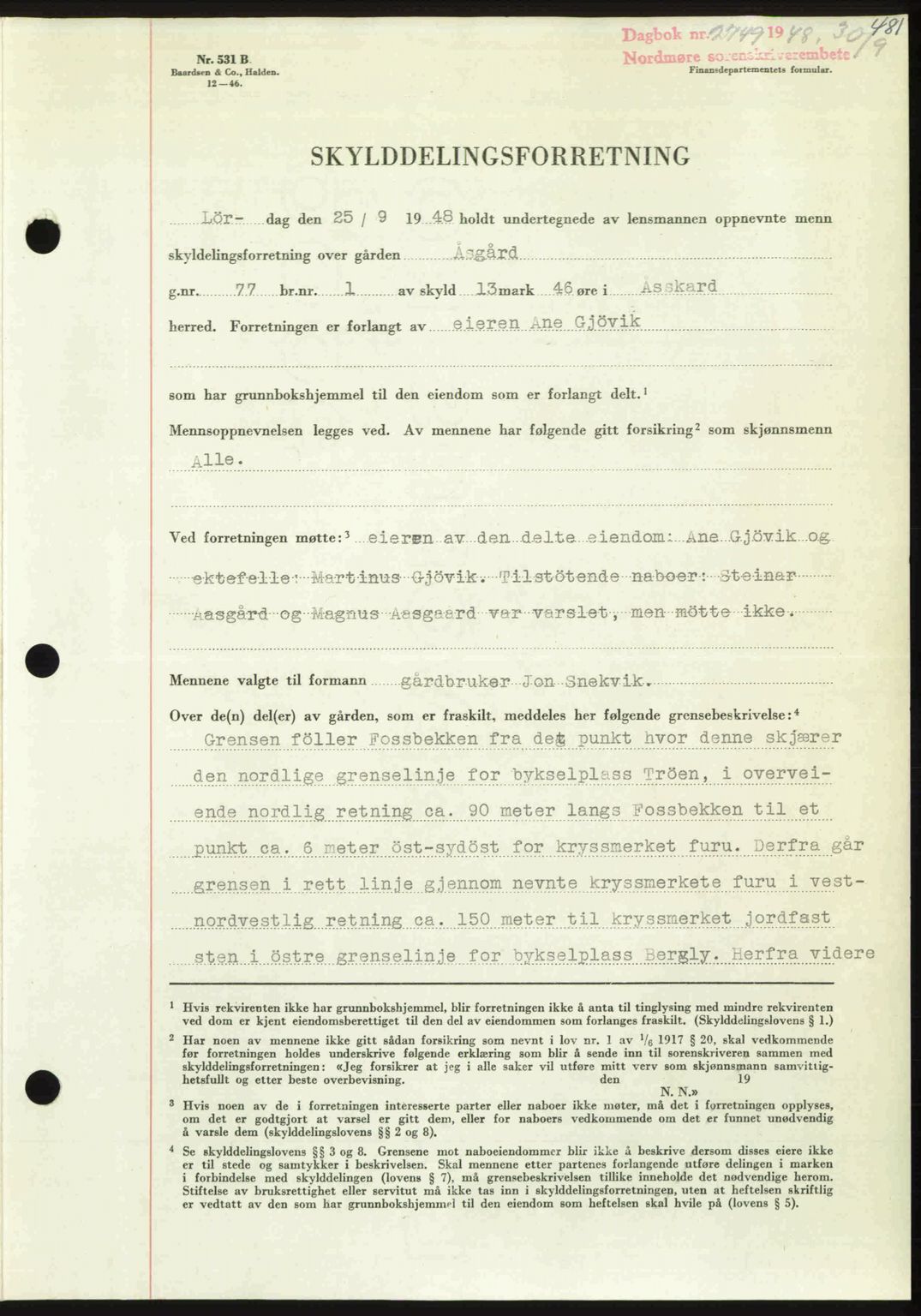 Nordmøre sorenskriveri, AV/SAT-A-4132/1/2/2Ca: Mortgage book no. A109, 1948-1948, Diary no: : 2749/1948