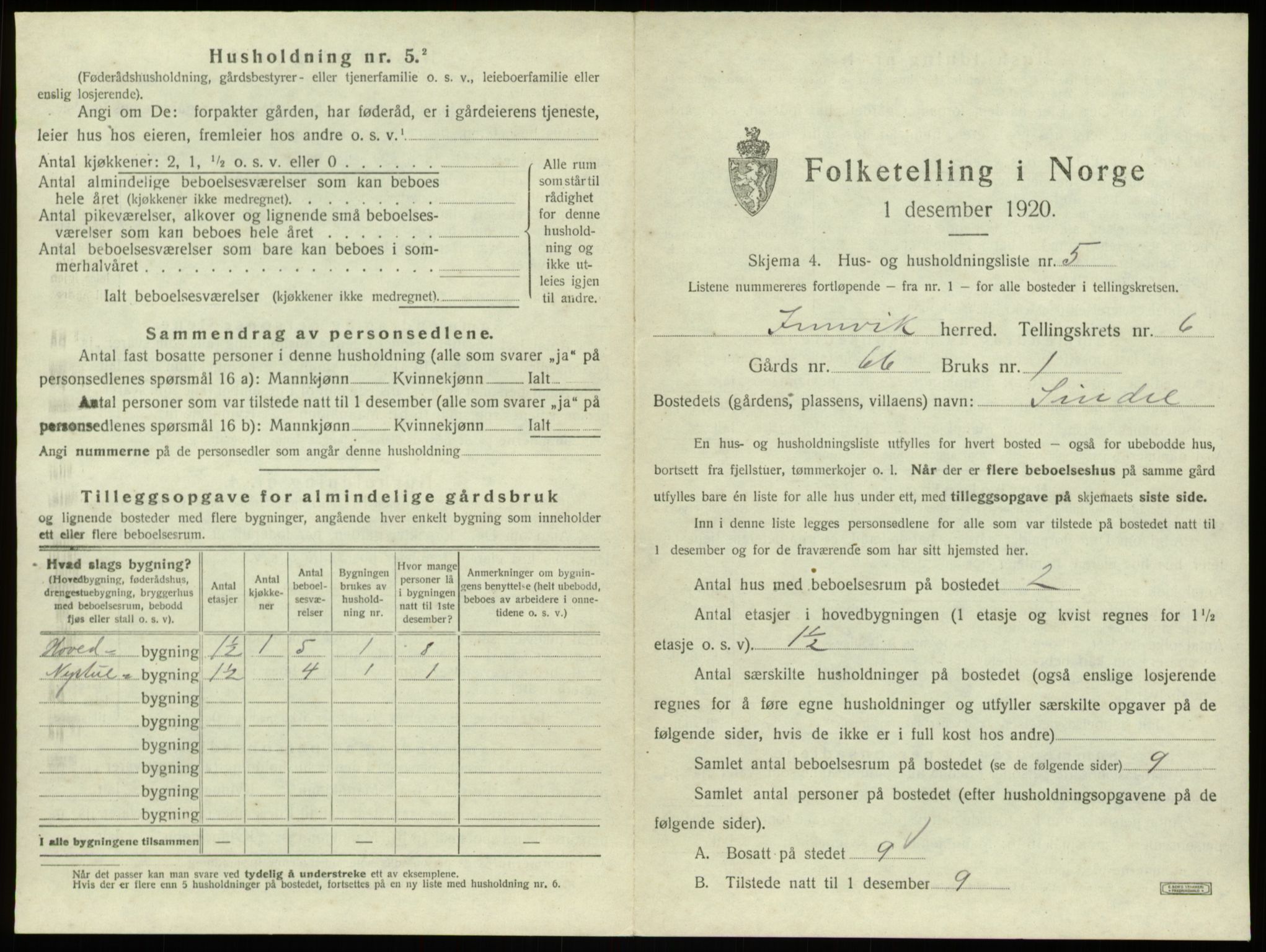 SAB, 1920 census for Innvik, 1920, p. 376