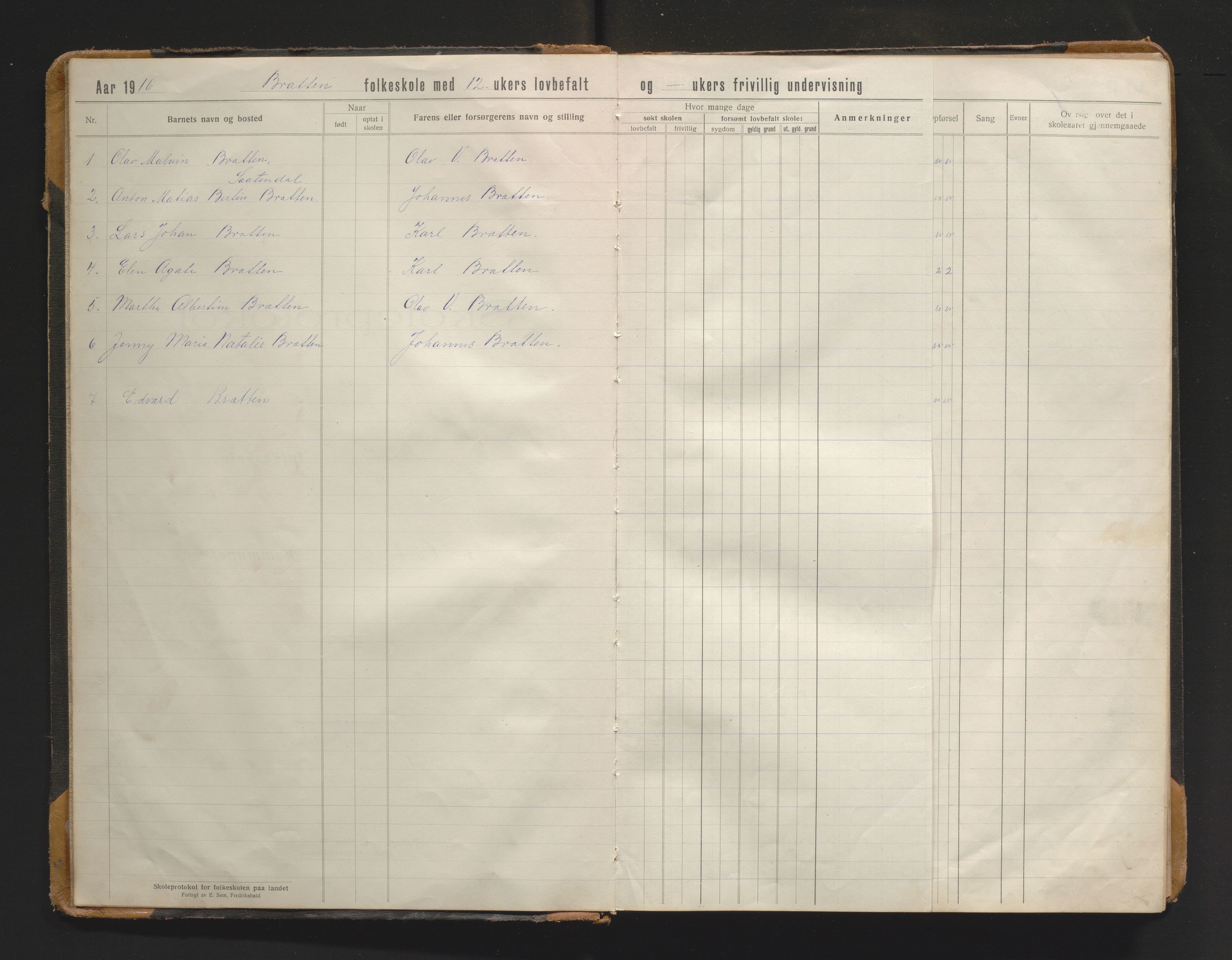 Austevoll kommune. Barneskulane, IKAH/1244-231/F/Fa/L0002: Skuleprotokoll for Bratten skule, 1916-1965