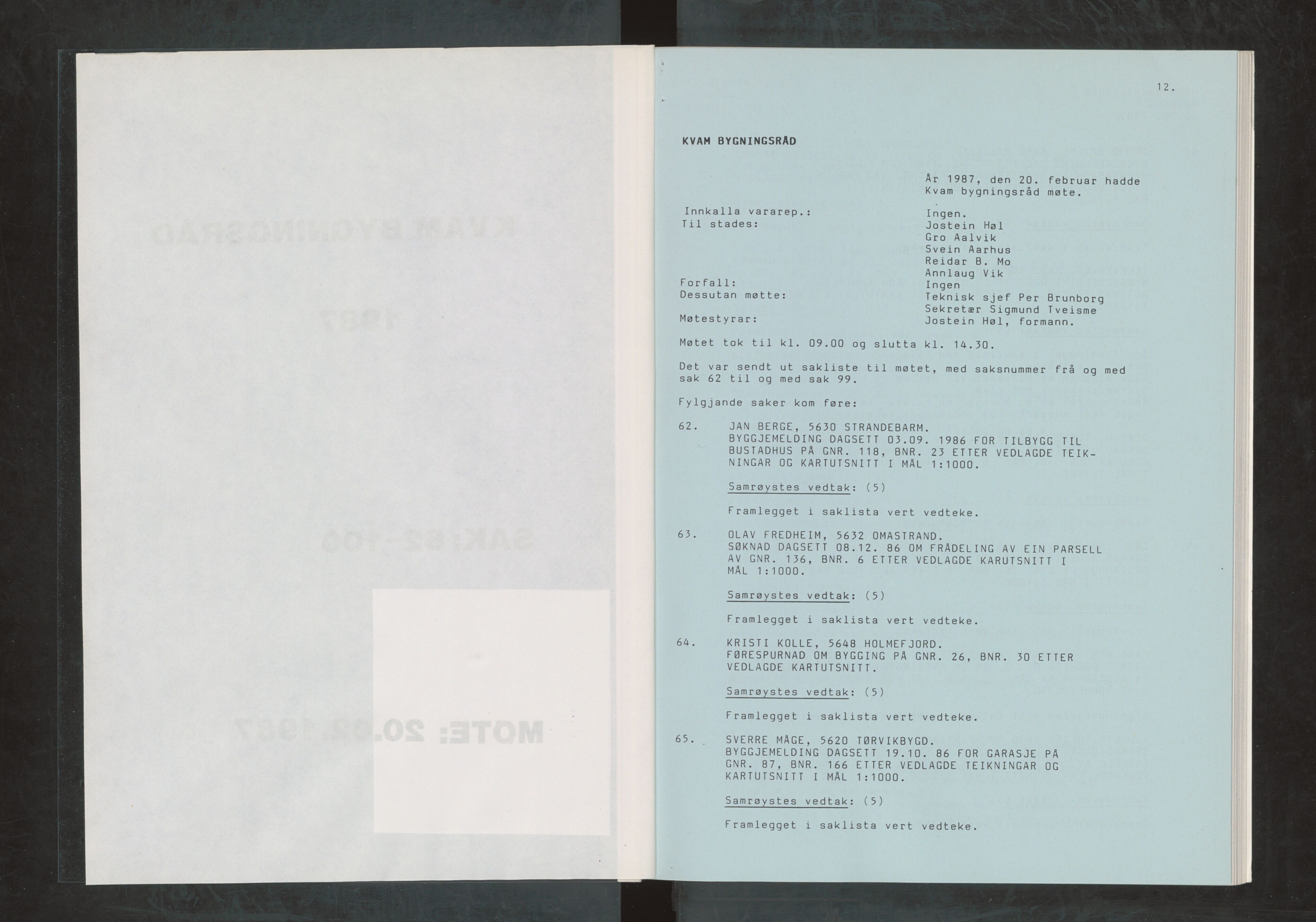 Kvam herad. Bygningsrådet, IKAH/1238-511/A/Ab/L0155: Utskrift av møtebok for Kvam bygningsråd, 1987