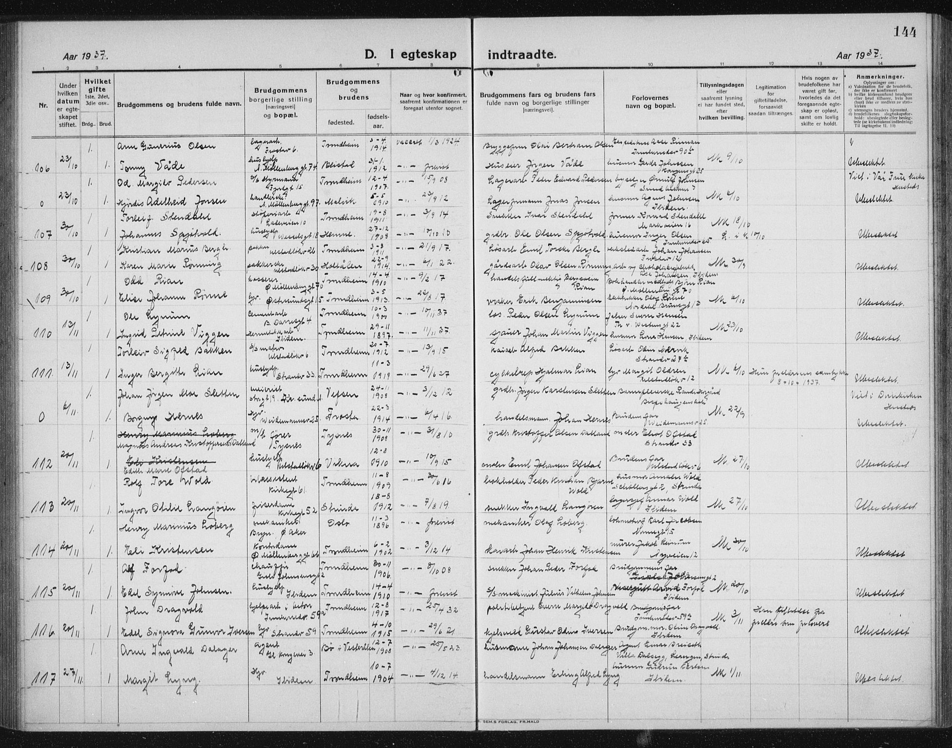 Ministerialprotokoller, klokkerbøker og fødselsregistre - Sør-Trøndelag, AV/SAT-A-1456/605/L0260: Parish register (copy) no. 605C07, 1922-1942, p. 144