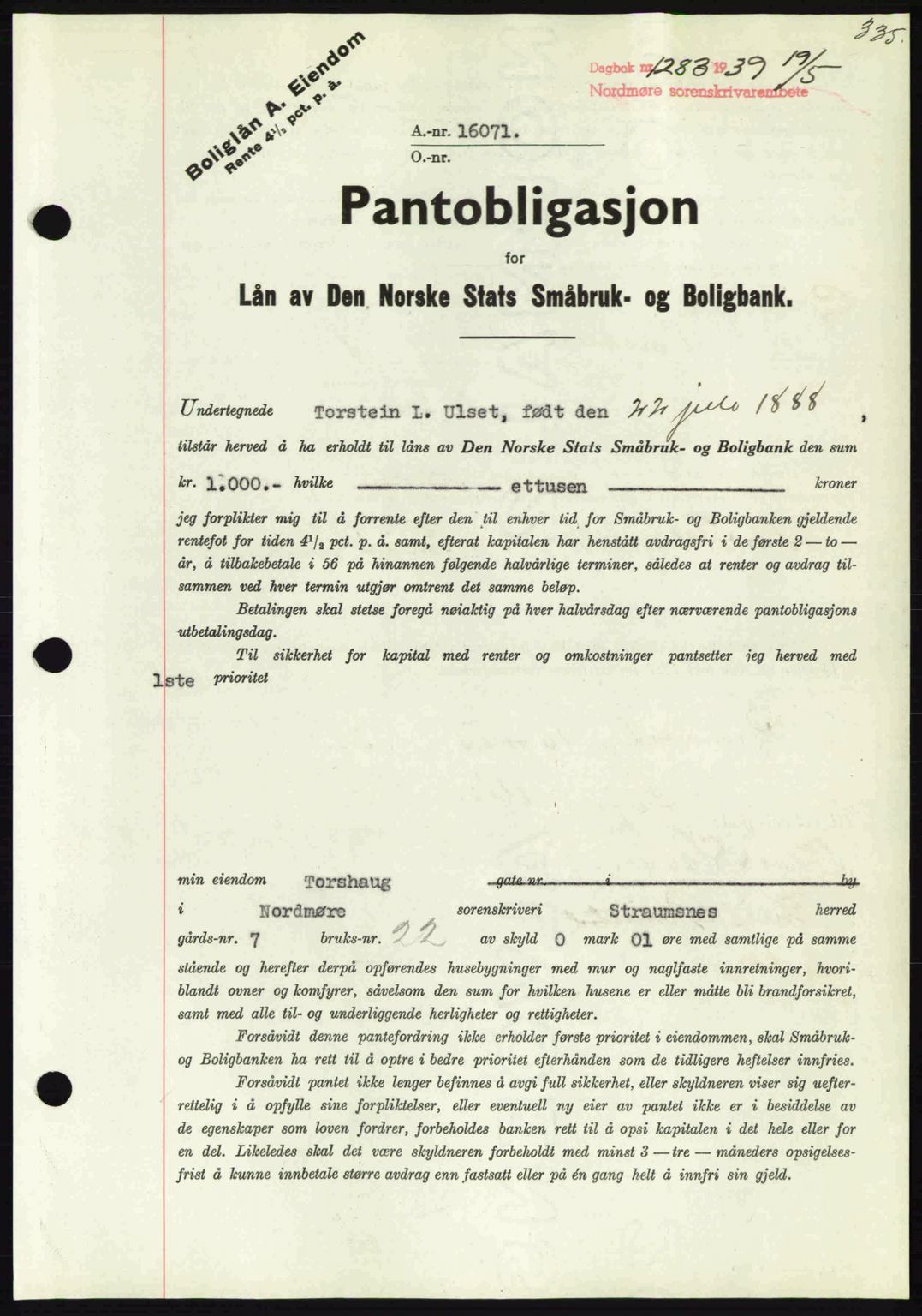 Nordmøre sorenskriveri, AV/SAT-A-4132/1/2/2Ca: Mortgage book no. B85, 1939-1939, Diary no: : 1283/1939