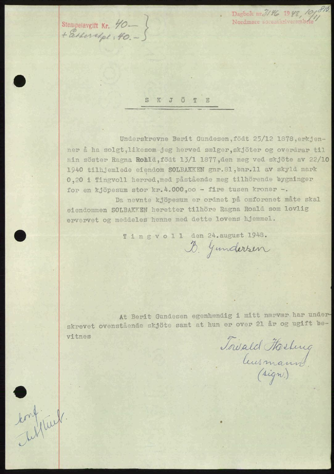 Nordmøre sorenskriveri, AV/SAT-A-4132/1/2/2Ca: Mortgage book no. A109, 1948-1948, Diary no: : 3146/1948