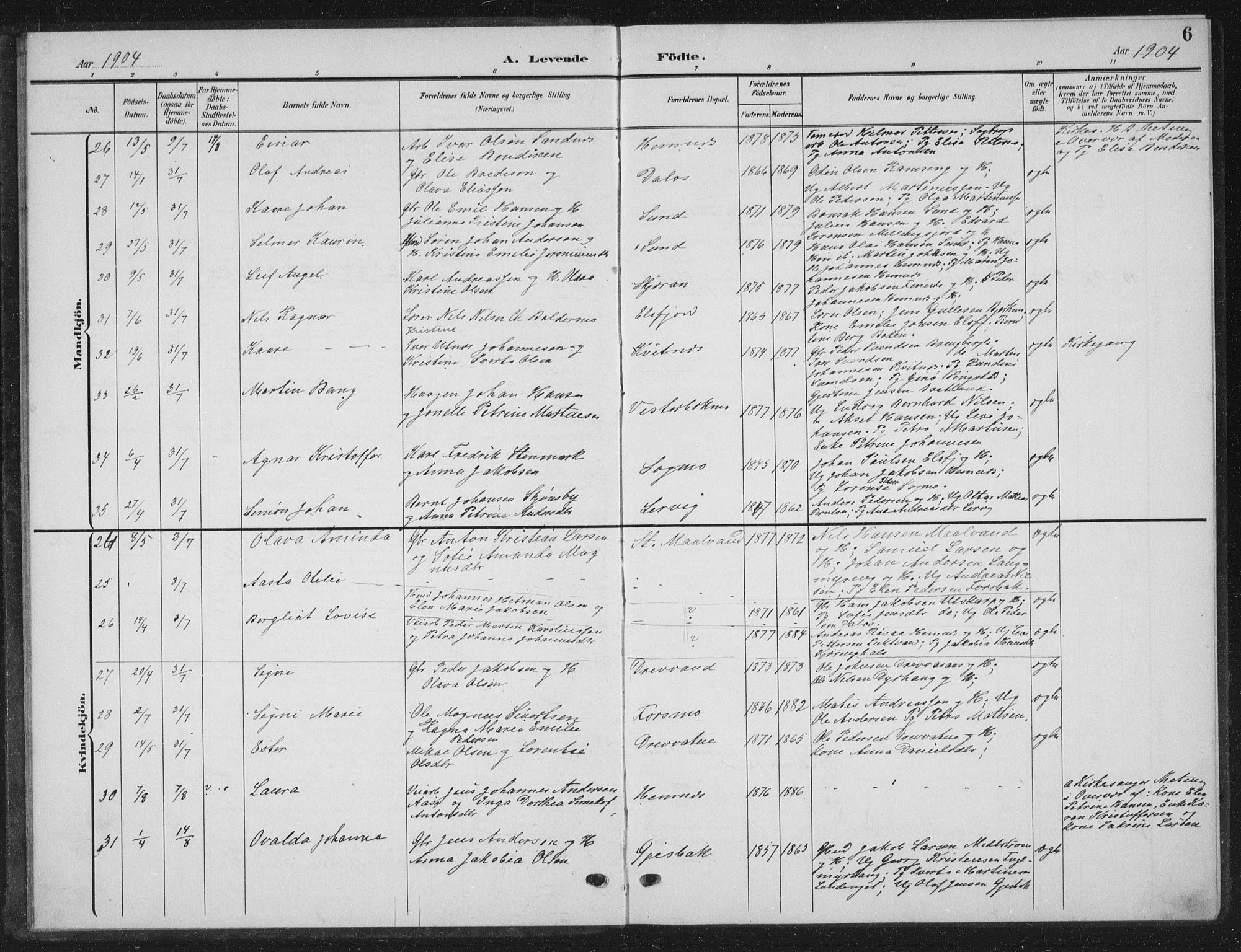 Ministerialprotokoller, klokkerbøker og fødselsregistre - Nordland, AV/SAT-A-1459/825/L0370: Parish register (copy) no. 825C07, 1903-1923, p. 6