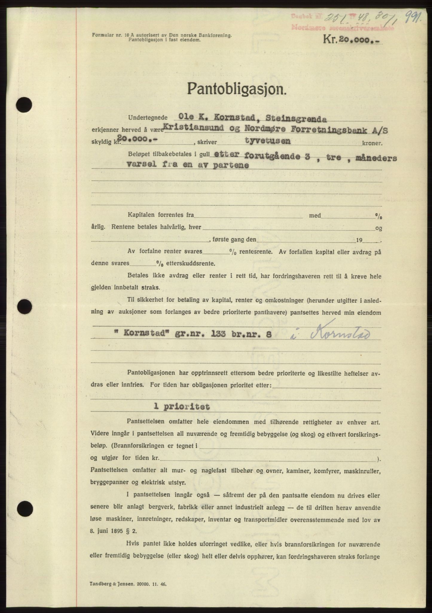 Nordmøre sorenskriveri, AV/SAT-A-4132/1/2/2Ca: Mortgage book no. B97, 1947-1948, Diary no: : 251/1948