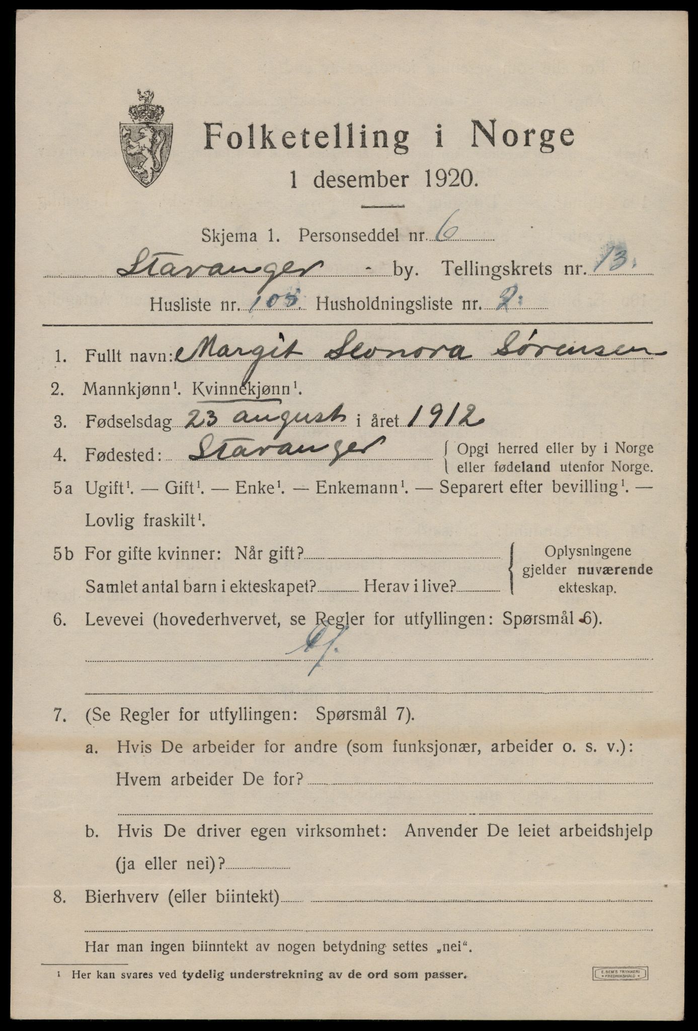 SAST, 1920 census for Stavanger, 1920, p. 59550