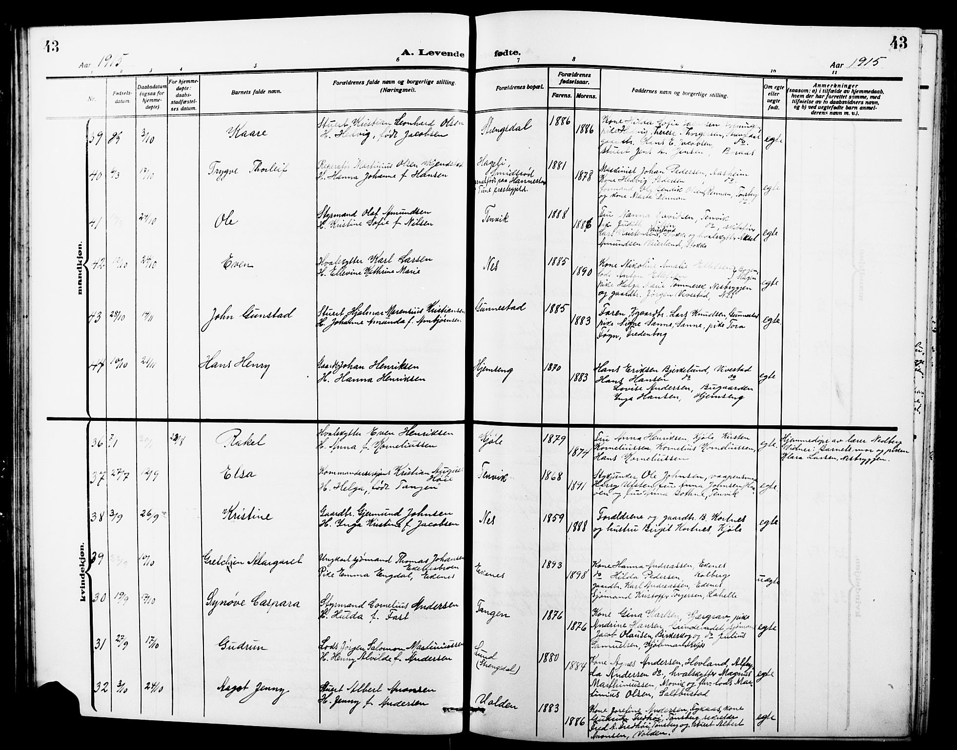 Nøtterøy kirkebøker, AV/SAKO-A-354/G/Ga/L0005: Parish register (copy) no. I 5, 1910-1924, p. 43