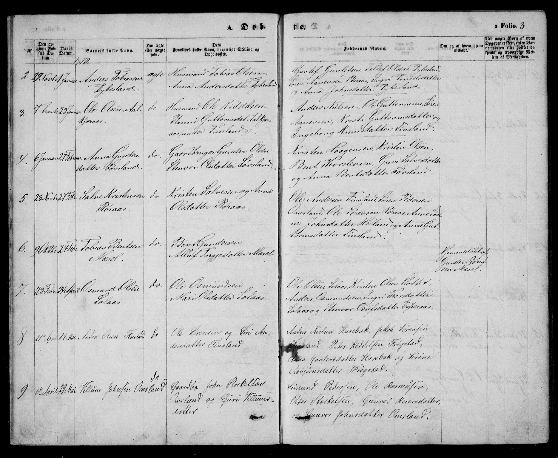 Bjelland sokneprestkontor, AV/SAK-1111-0005/F/Fb/Fbb/L0004: Parish register (copy) no. B 4, 1867-1887, p. 3