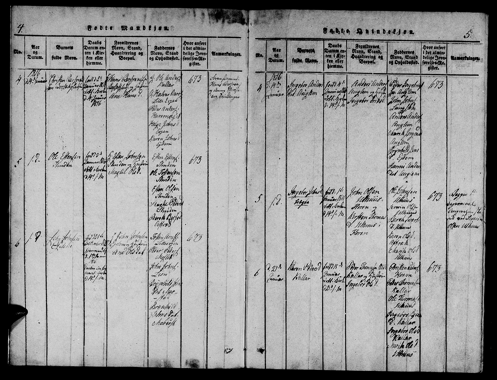 Ministerialprotokoller, klokkerbøker og fødselsregistre - Sør-Trøndelag, SAT/A-1456/695/L1141: Parish register (official) no. 695A04 /1, 1816-1824, p. 4-5