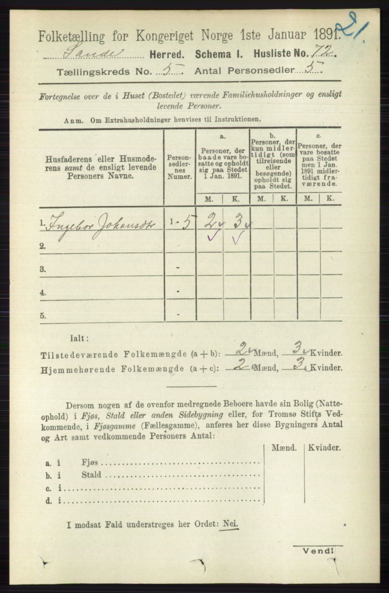 RA, 1891 census for 0713 Sande, 1891, p. 2131