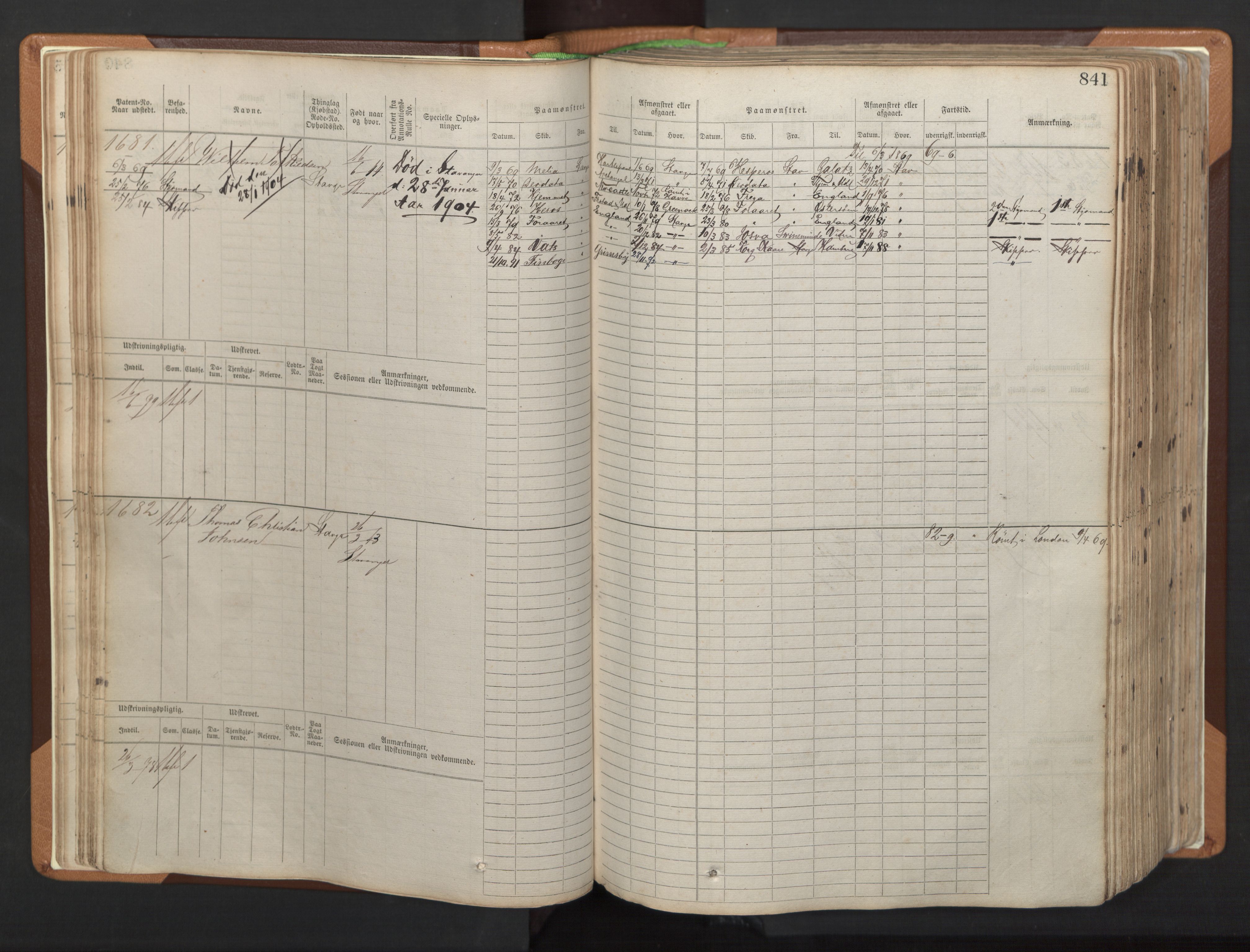 Stavanger sjømannskontor, AV/SAST-A-102006/F/Fb/Fbb/L0006: Sjøfartshovedrulle, patentnr. 1607-2402 (del 3), 1869-1880, p. 40