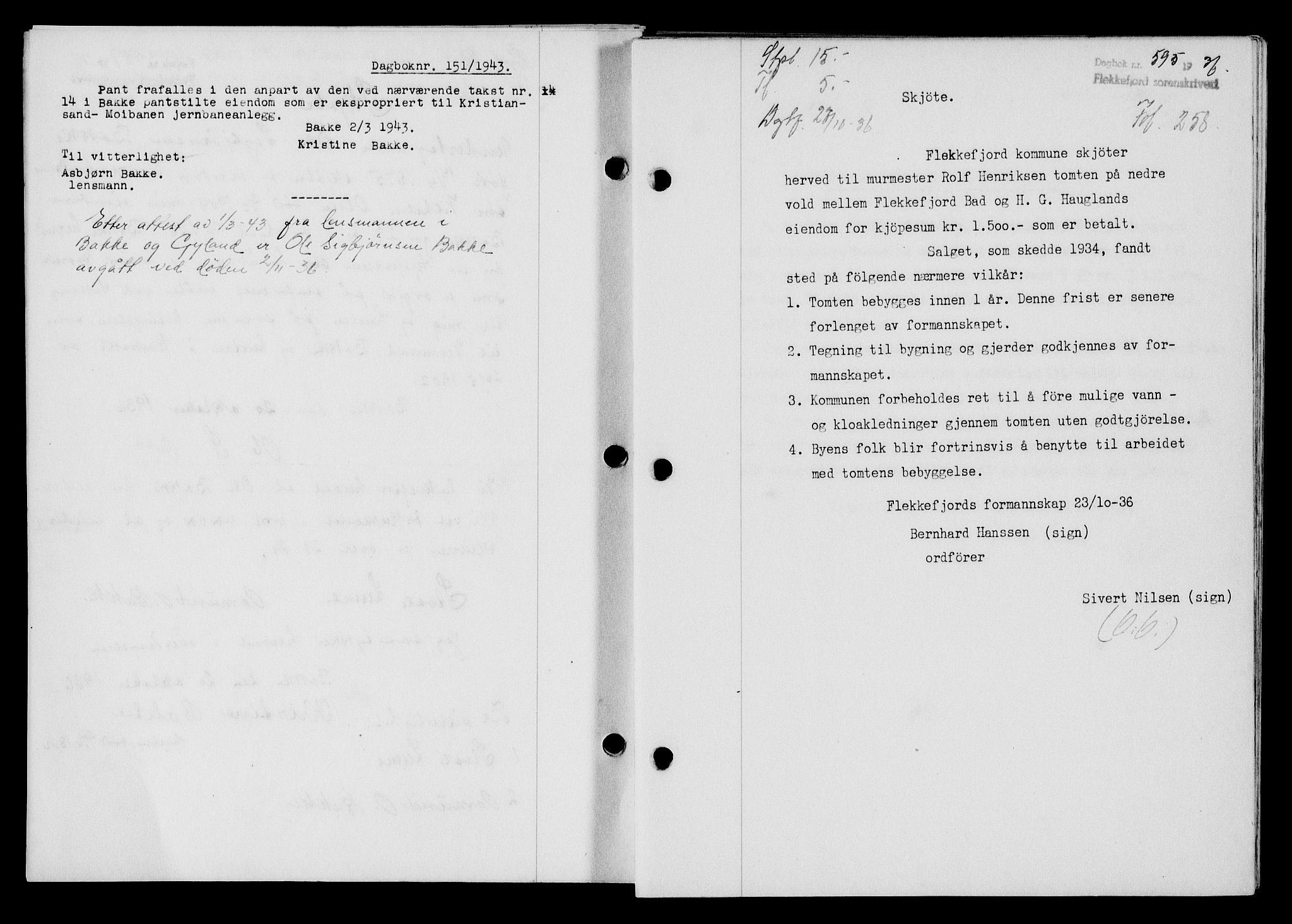 Flekkefjord sorenskriveri, SAK/1221-0001/G/Gb/Gba/L0053: Mortgage book no. A-1, 1936-1937, Diary no: : 595/1936